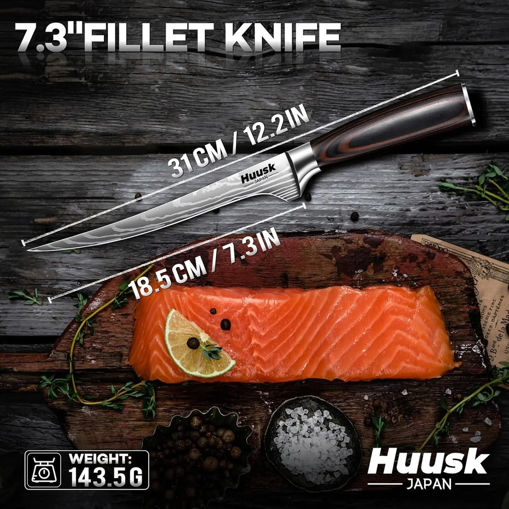 Huusk Filet Knife for Fish - 7 Inch Fish Fillet Knife with Wood Handle, Flexible Boning Knives for Meat Cutting, Professional Japanese Fishing Knives for Meat Poultry Cutting