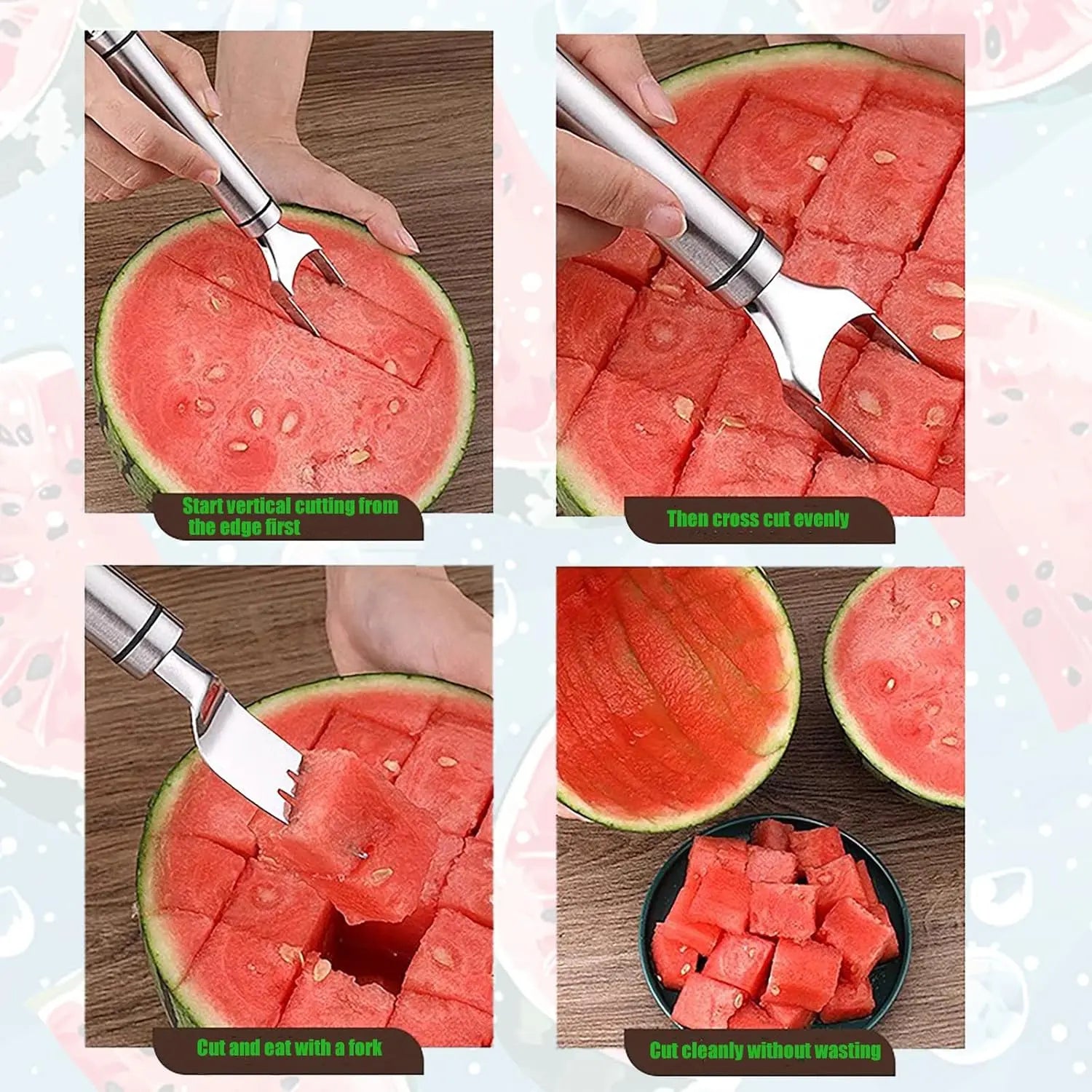 【2 Pack】Watermelon Fork Slicer,Watermelon Cubecutter Tool, 2-In-1 Stainless Steel Fruit Cutter, Dualhead Fruit Forks Slicer Knife with round Handle,Fruitcutting Kitchen Utensils,Portable Modern #Summervibes