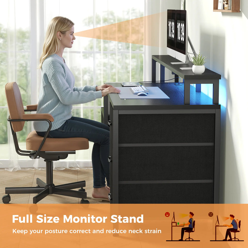 67'' Computer Desk with 4 Drawer, Printer Cabinet and Power Outlet