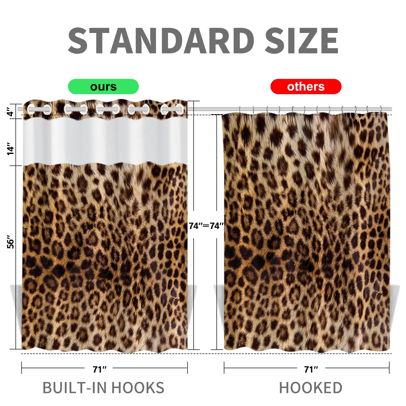 Leopard Print Shower Curtain - Waterproof & Mildew Resistant Thick PEVA Bathroom Curtain with No-Drill Installation