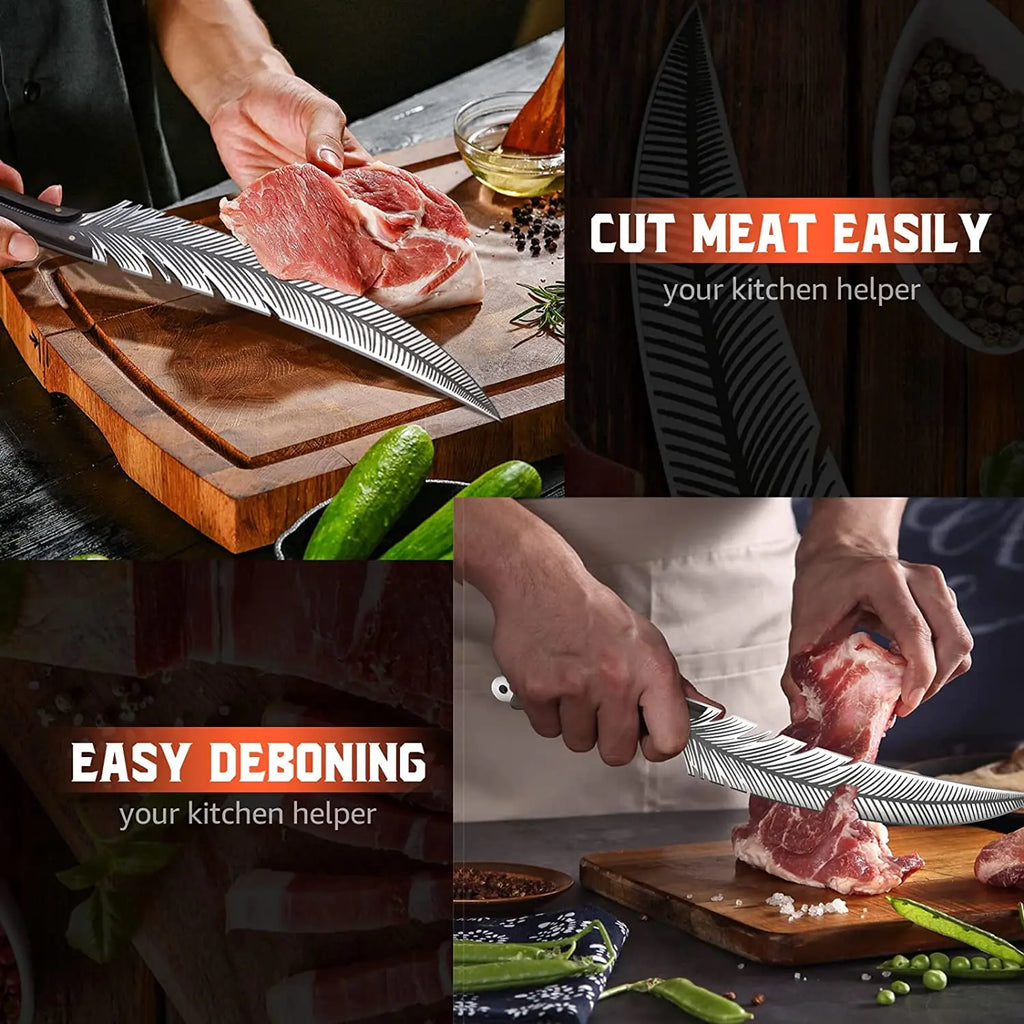 Huusk Professional Chef Knife-Hand-Forged High Carbon Steel Boning Knife, Sharp Feather Blade for Meat, Steak & Pineapple with Wooden Handle & Sheath– Perfect Father'S Day Gift!
