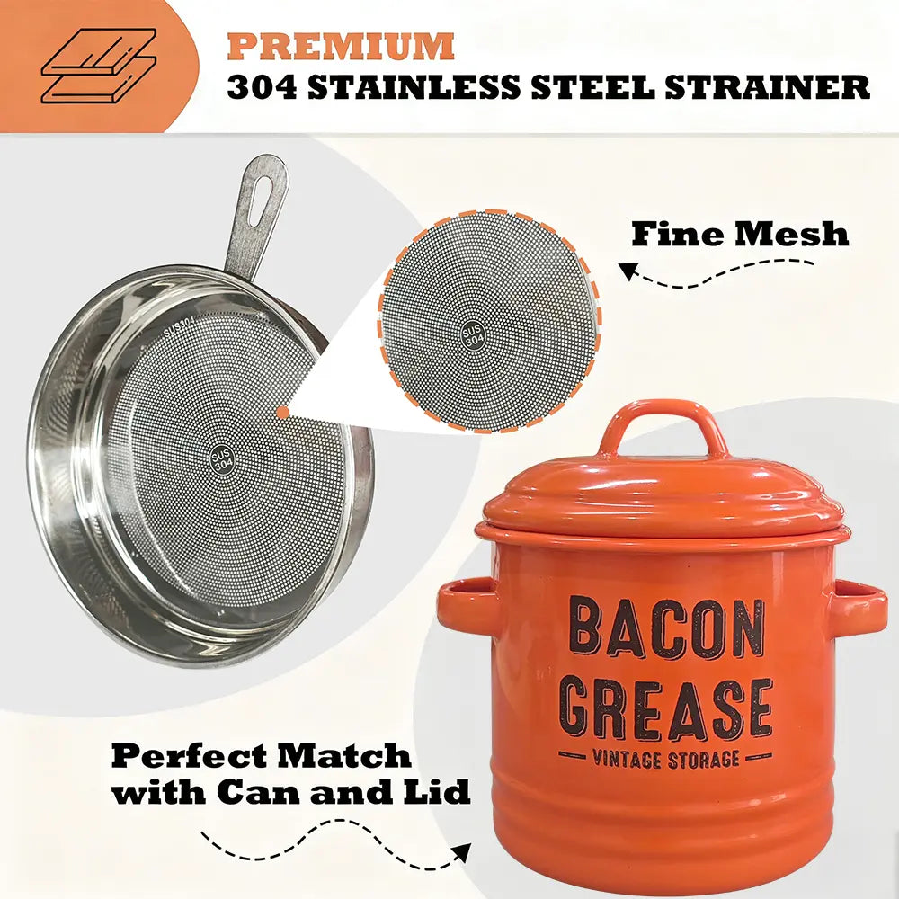 Rustic Farmhouse Enamel Bacon Grease Container - Large Enamel Grease Saver Strainer for Efficient Kitchen Use with Fine Mesh Strainer and Food-Grade Silicone Spatula, 46Oz Retro Farmhouse Style Large Enamel Oil Keeper, Dishwasher Safe Kitchen Utensil Tikt