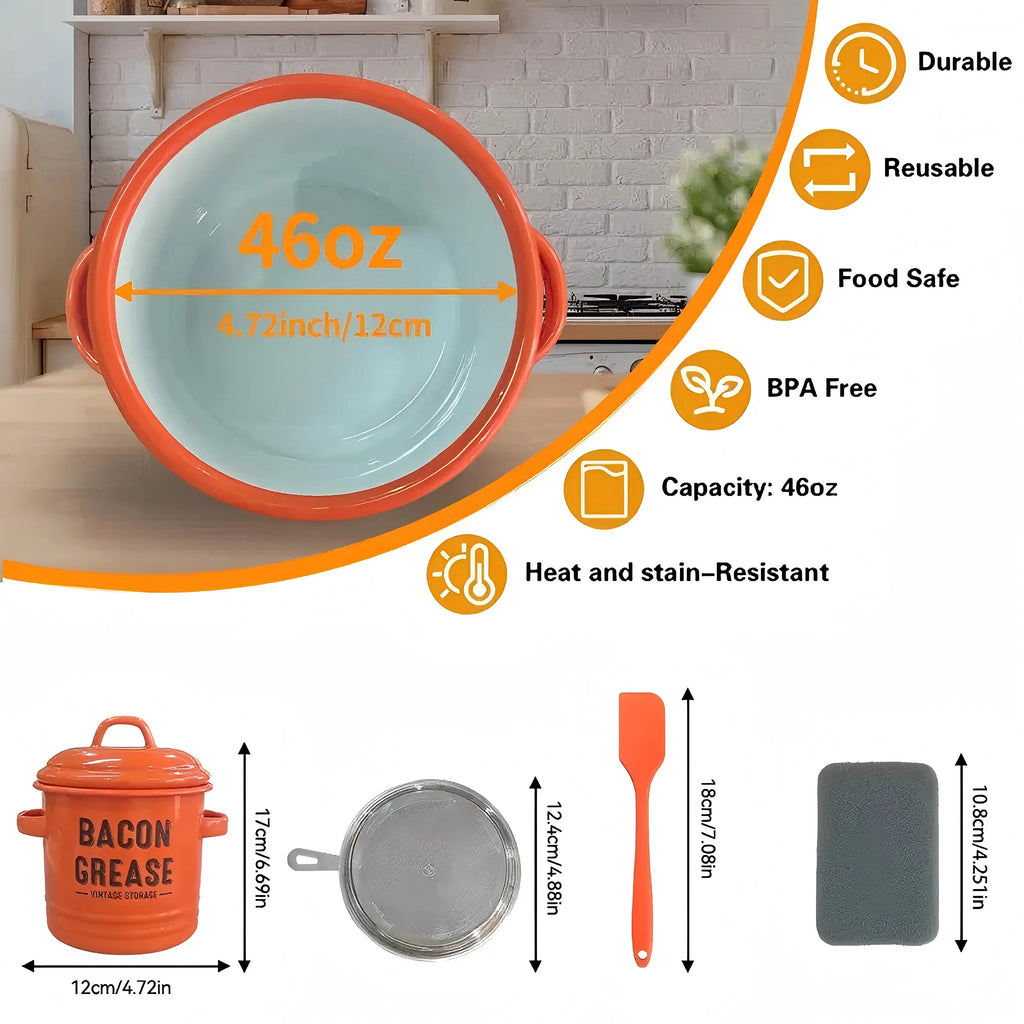 Rustic Farmhouse Enamel Bacon Grease Container - Large Enamel Grease Saver Strainer for Efficient Kitchen Use with Fine Mesh Strainer and Food-Grade Silicone Spatula, 46Oz Retro Farmhouse Style Large Enamel Oil Keeper, Dishwasher Safe Kitchen Utensil Tikt