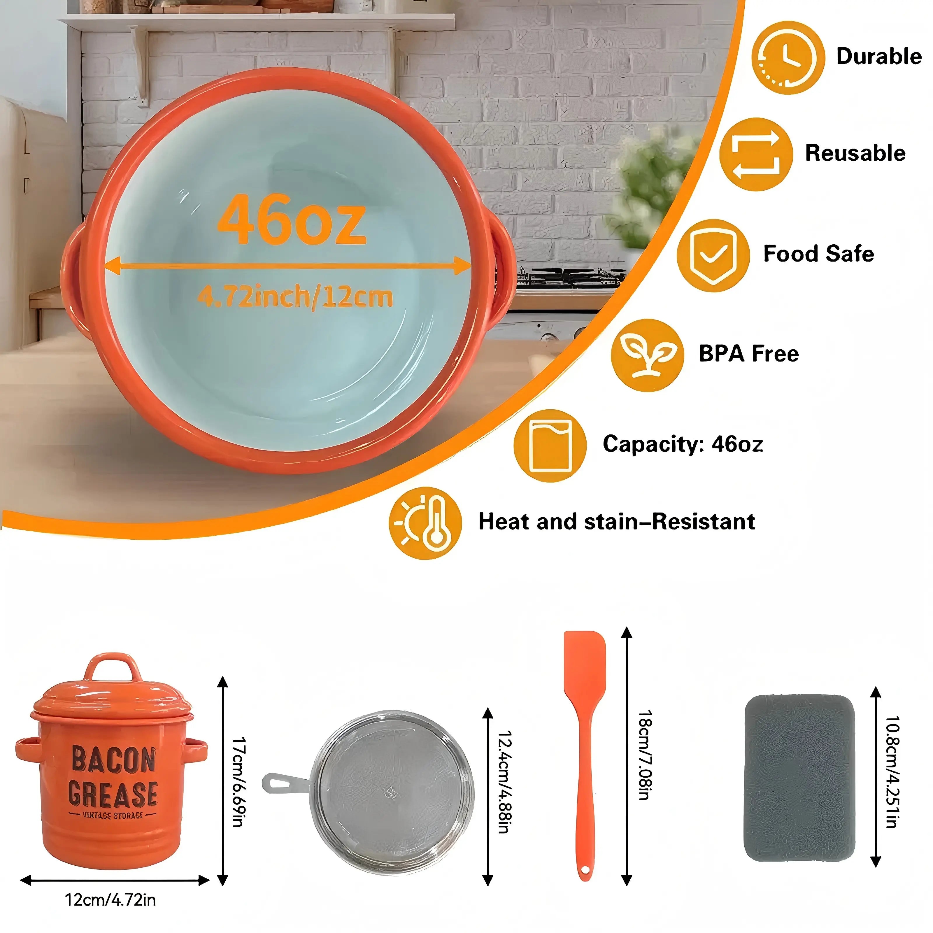 Rustic Farmhouse Enamel Bacon Grease Container - Large Enamel Grease Saver Strainer for Efficient Kitchen Use with Fine Mesh Strainer and Food-Grade Silicone Spatula, 46Oz Retro Farmhouse Style Large Enamel Oil Keeper, Dishwasher Safe Kitchen Utensil Tikt