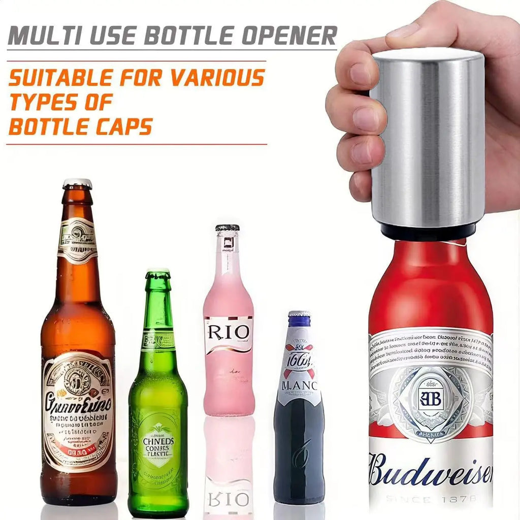 【Summervibes】 Premium Beer Bottle Opener (Silver), 1 PC Stainless Steel Automatic Push down No Damage Quick to Open Small Portable Bottle Cap Openers for Home Bars Picnic Camping Hiking