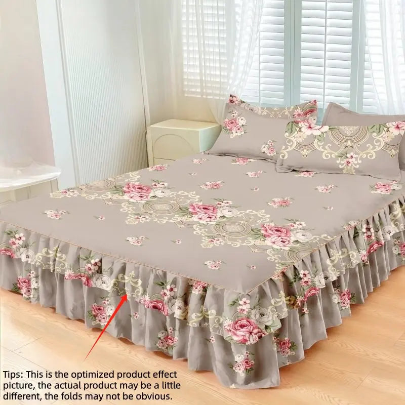 Floral Print Ruffled Edge Bed Skirt Set, 3-Count Set Including 1 Bed Skirt and 2 Pillowcases without Filler, Comfortable Bedding Set for Home Bedroom