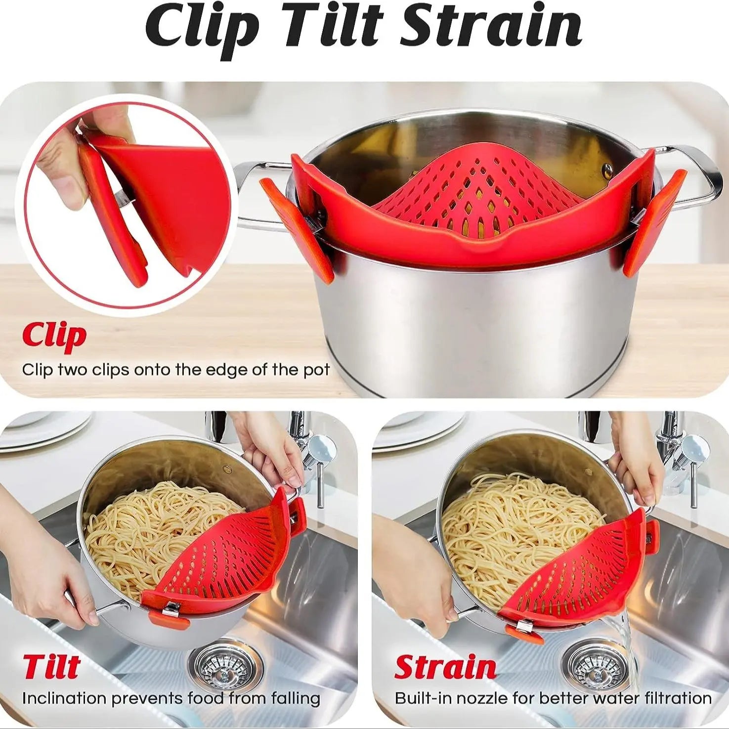 1 Piece Silicone Pot Filter Pasta Strainer with Adjustable Clips, Fruit Vegetable Food Strainer Kitchen Drain Sifter