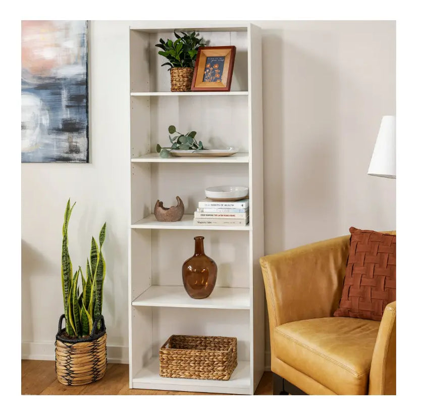 5-Shelf Wood Bookcase with Adjustable Shelves Sturdy Storage Cabinet for Books Décor & Office Supplies Space-Saving Vertical Bookshelf White Finish
