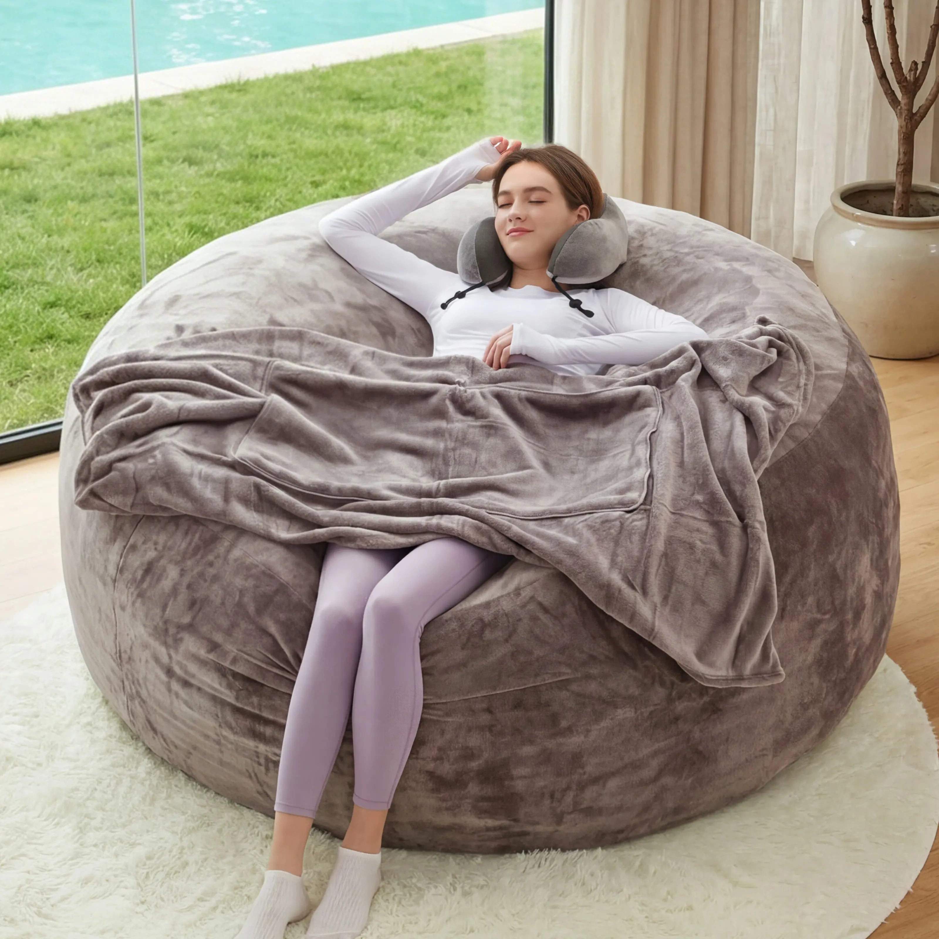 [Memorial Day] 3FT/4FT/7FT No Gift, 5Ft/Jumbo with 3 Gifts Bean Bag (With Filler) Lazy Sofa Beanbag Chairs for Adults Ship Free High-Rebound Memory Foam Filling Furniture Flannel Cover Removable Modern Upholstered Sofa
