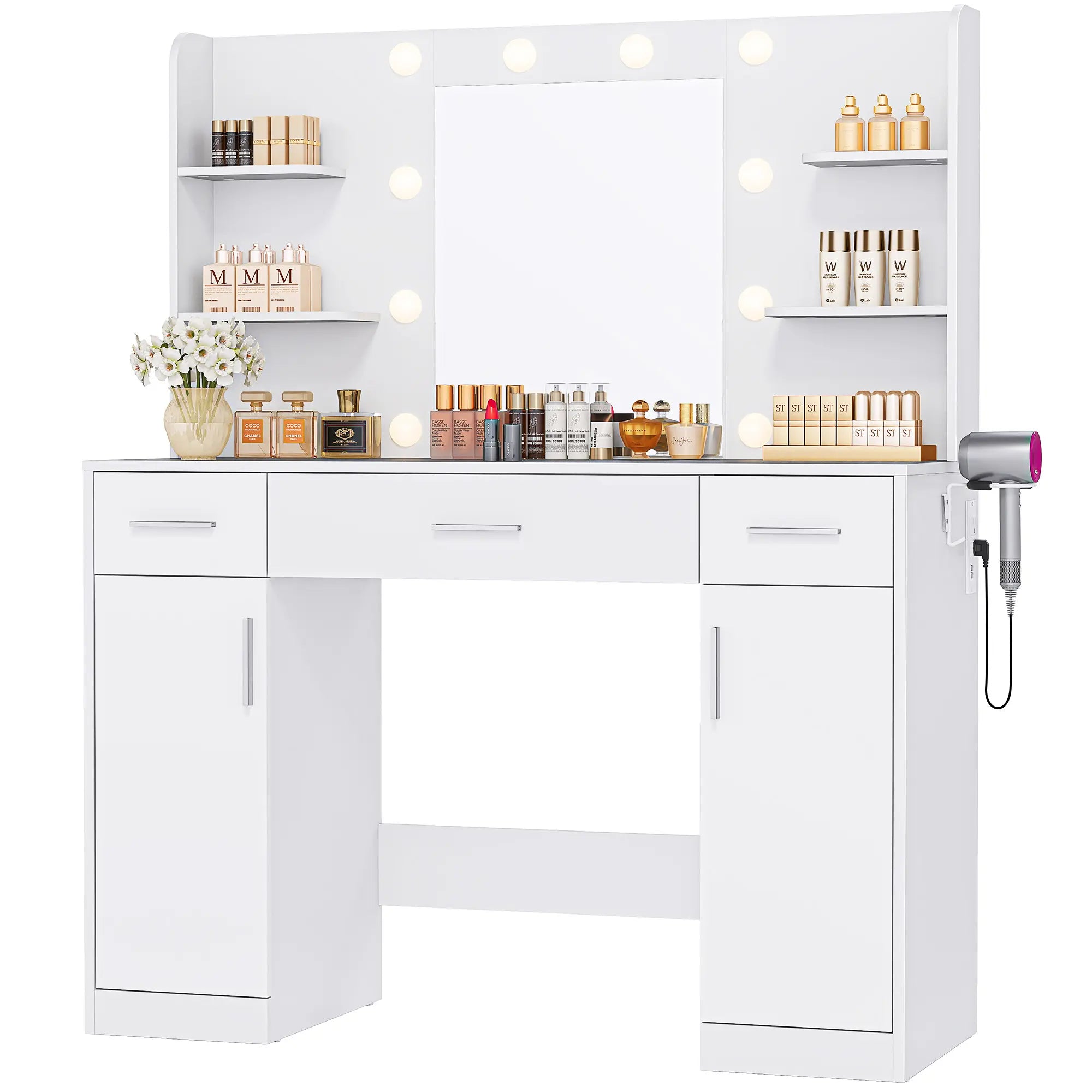 Vanity Table Set - Dresser with Lighted Mirror, Power Outlet, Drawers and Shelves, Cabinet & Hair Dryer Holder for Bedroom Girls