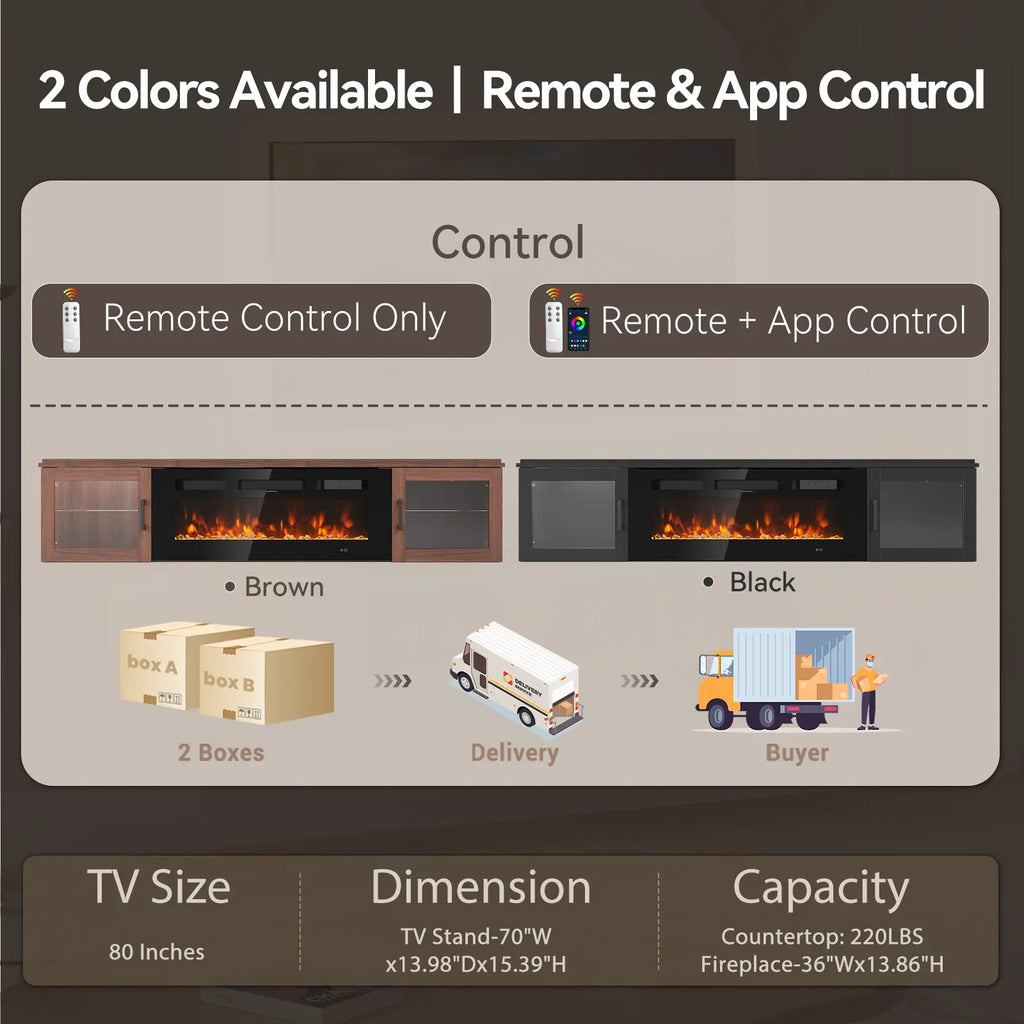 【2 Packages Shipping】Aoxun 70" Floating TV Stand with 36" Electric Fireplace, Wall Mounted Fireplace Entertainment Center with Storage, Fire Place TV Console for Living Room, All Black, Modern Tv Stand, Drawers Tv Stand Farmhouse Tv Cabinet Tv Shelf
