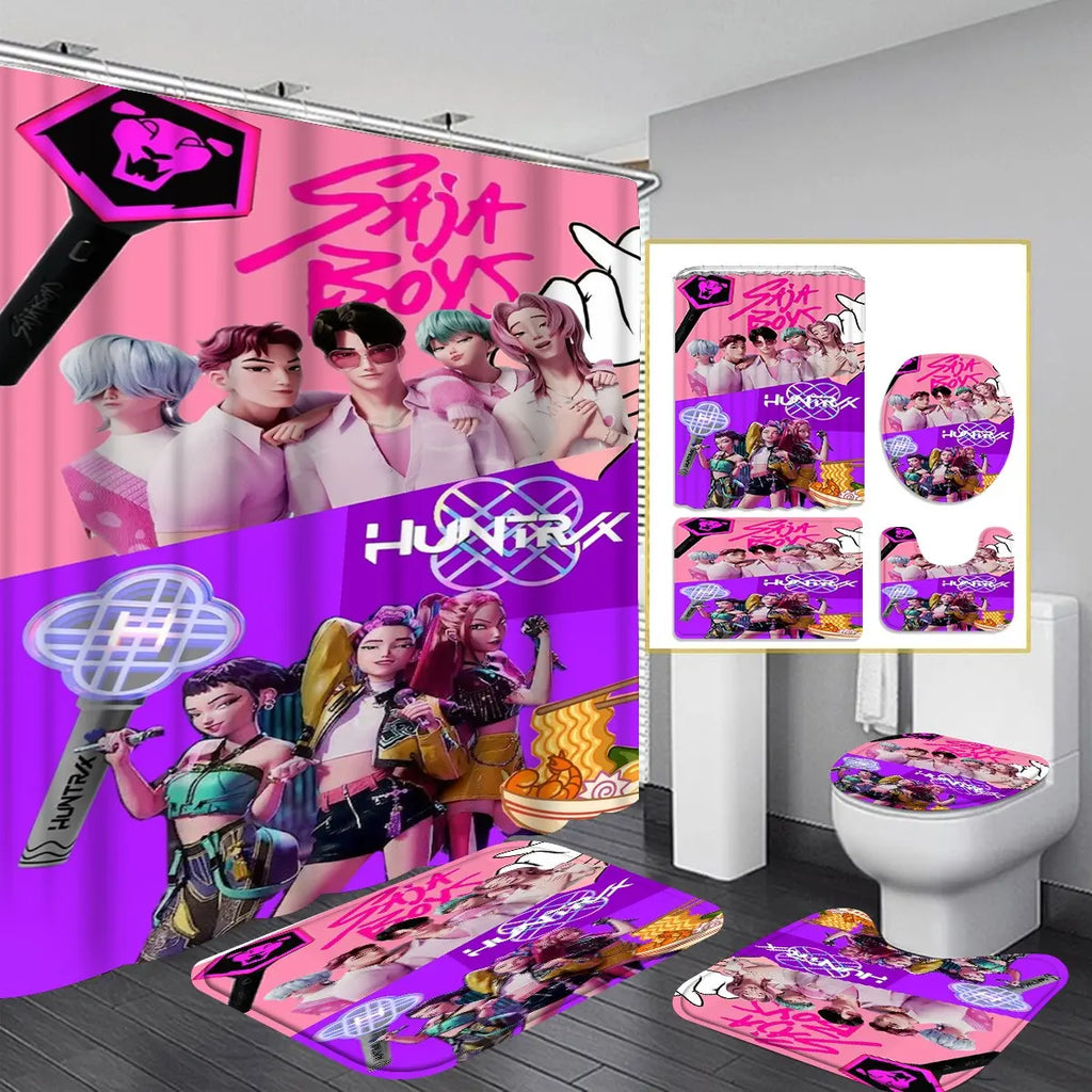 4-Piece Modern Bathroom Curtain Set, Colorful Background Print Shower Curtains, Includes 12 Hooks, Non-Slip Toilet Mat & U-Shaped Seat Cover