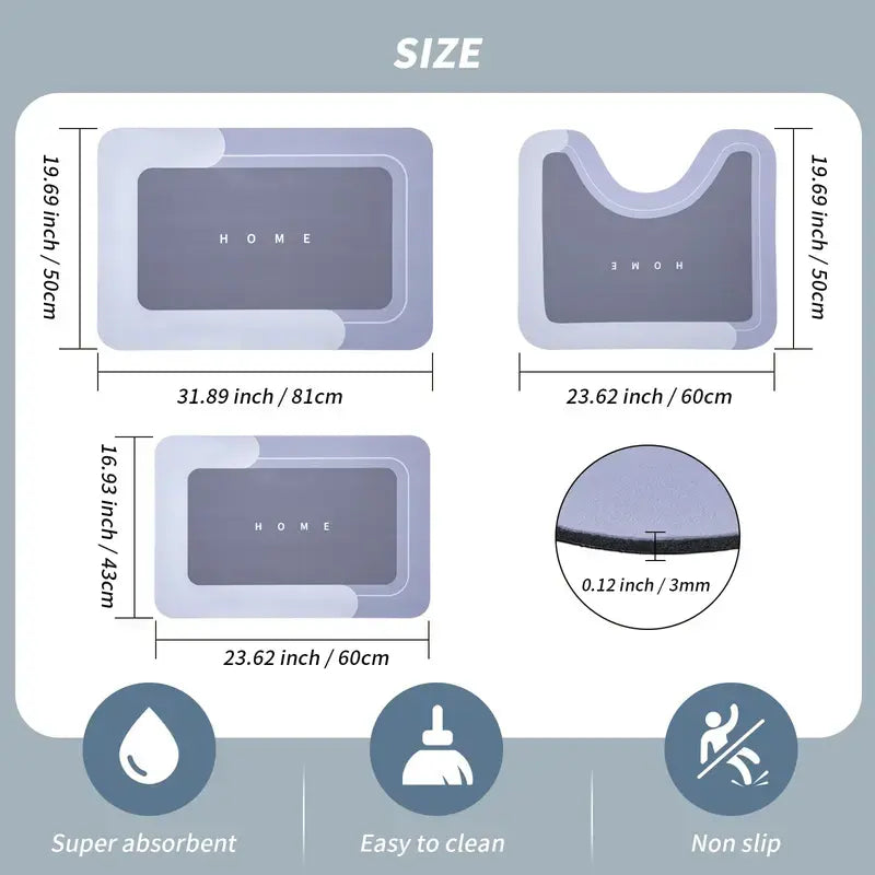 3PCS Absorbent Bath Mat Magic Rug Sets, Quick Drying Bath Mat Non-Slip Floor Rug Rubber Backed for Bathroom Kitchen Shower Sink (16.9''X23.6''+19.7''X23.6''+19.7''X31.9'',Light Blue) Diatomite Bath Mat Bath Textiles