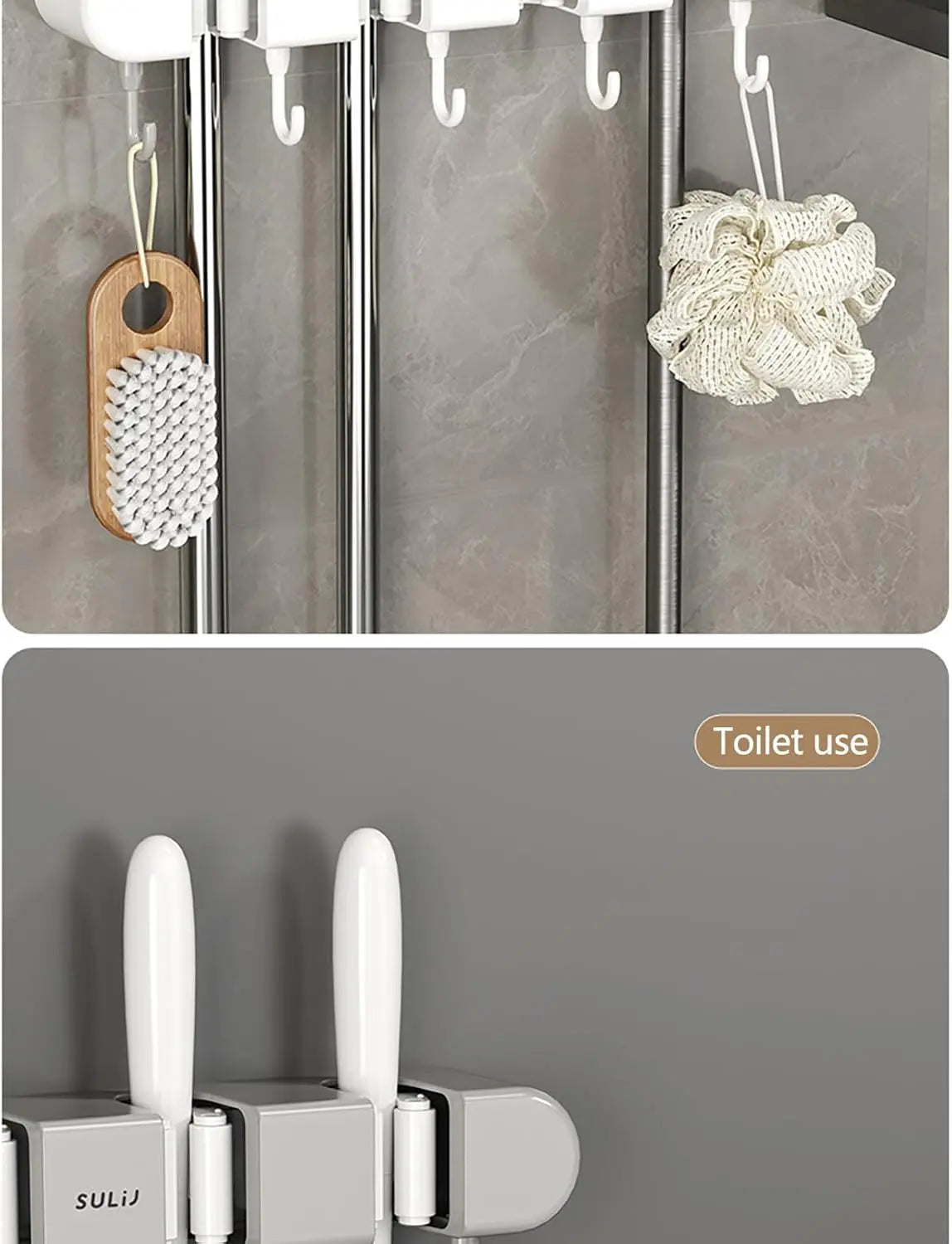 Multifunctional Mop Holder with Hook, Broom Mop Holder with 4 Racks 5 Hooks, Heavy Duty Mop Holder, Self Adhesive Mop Holder Wall Mounted, Broom Holder Wall Mount for Kitchen, Bathroom, Closet