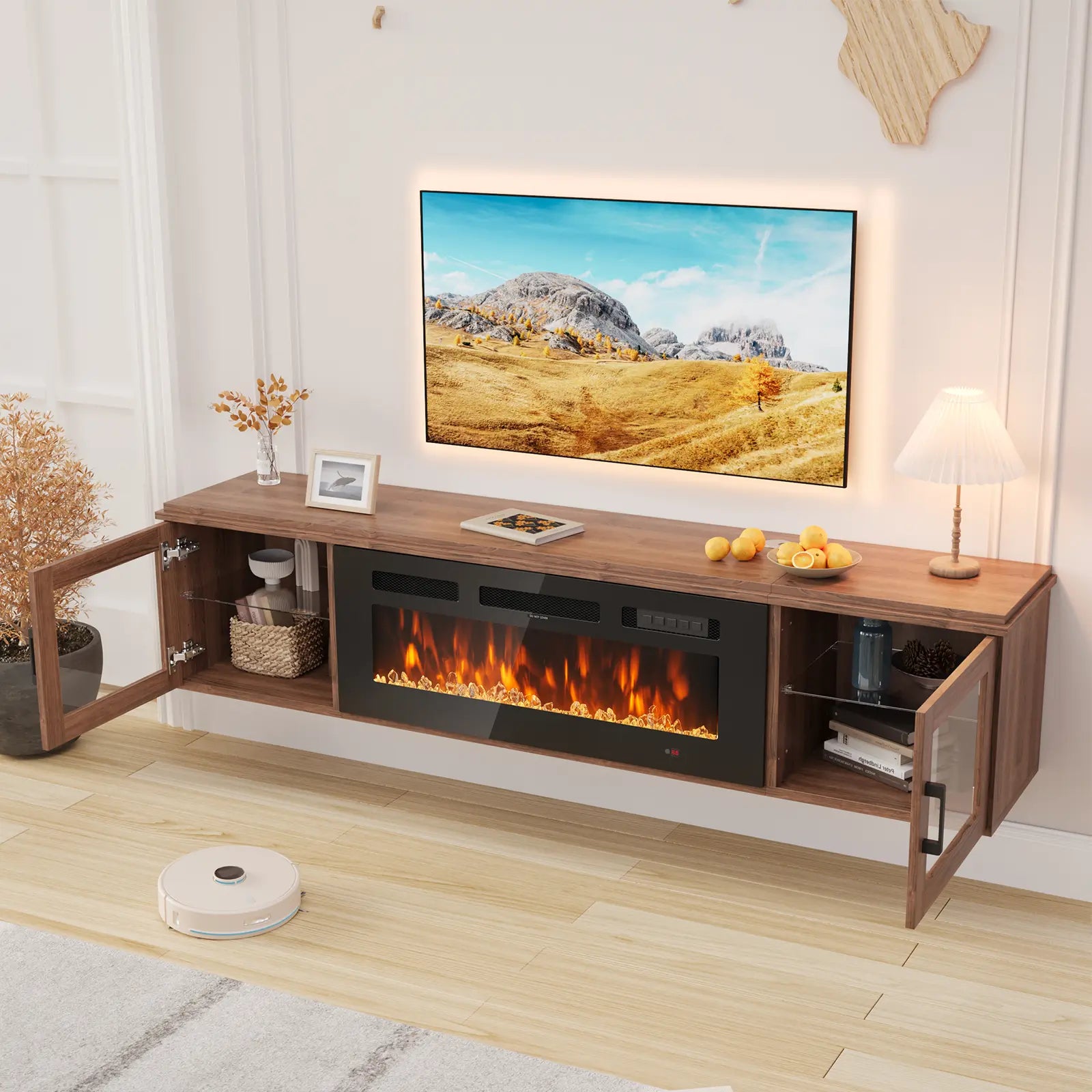 【2 Packages Shipping】Aoxun 70" Floating TV Stand with 36" Electric Fireplace, Wall Mounted Fireplace Entertainment Center with Storage, Fire Place TV Console for Living Room, All Black, Modern Tv Stand, Drawers Tv Stand Farmhouse Tv Cabinet Tv Shelf