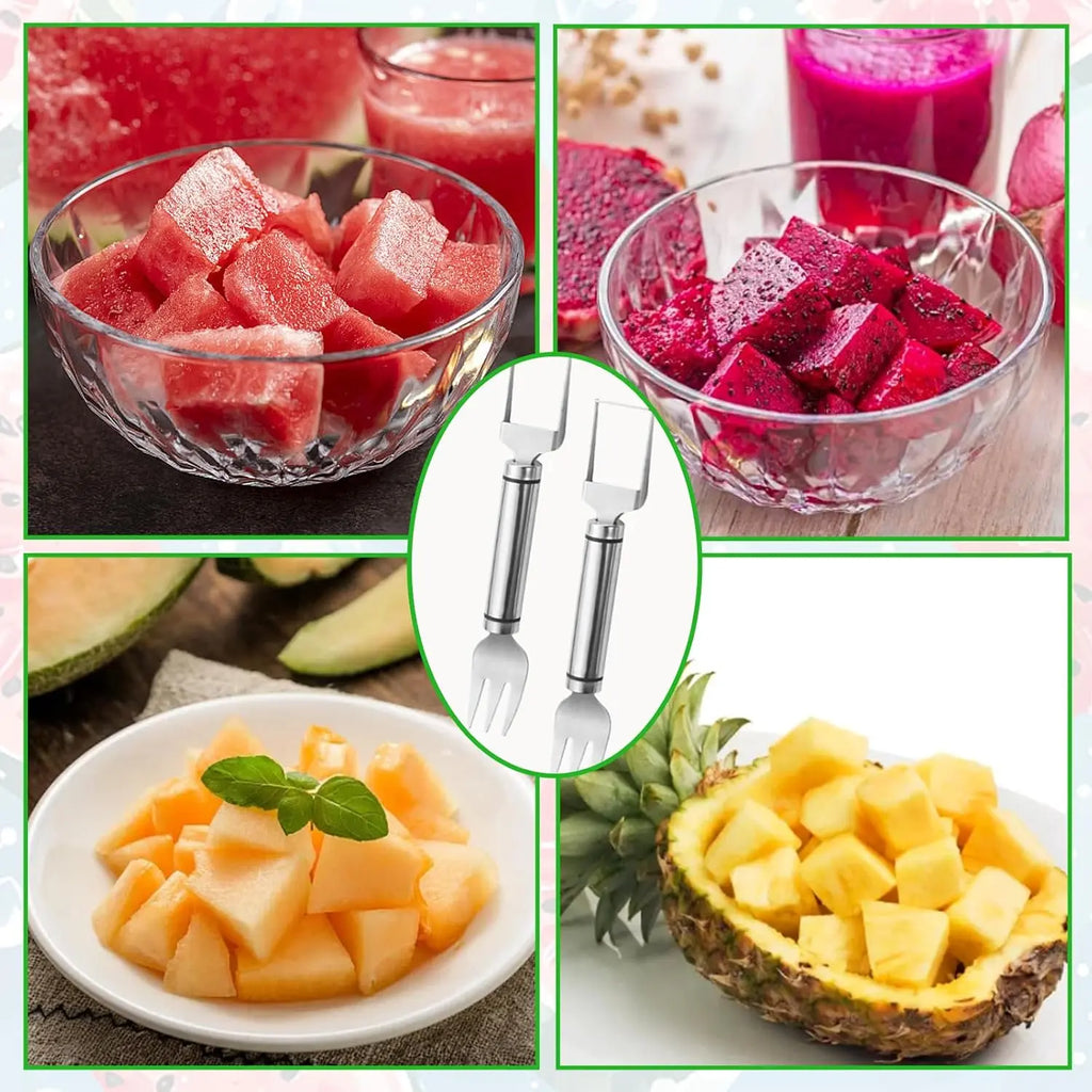 【2 Pack】Watermelon Fork Slicer,Watermelon Cubecutter Tool, 2-In-1 Stainless Steel Fruit Cutter, Dualhead Fruit Forks Slicer Knife with round Handle,Fruitcutting Kitchen Utensils,Portable Modern #Summervibes