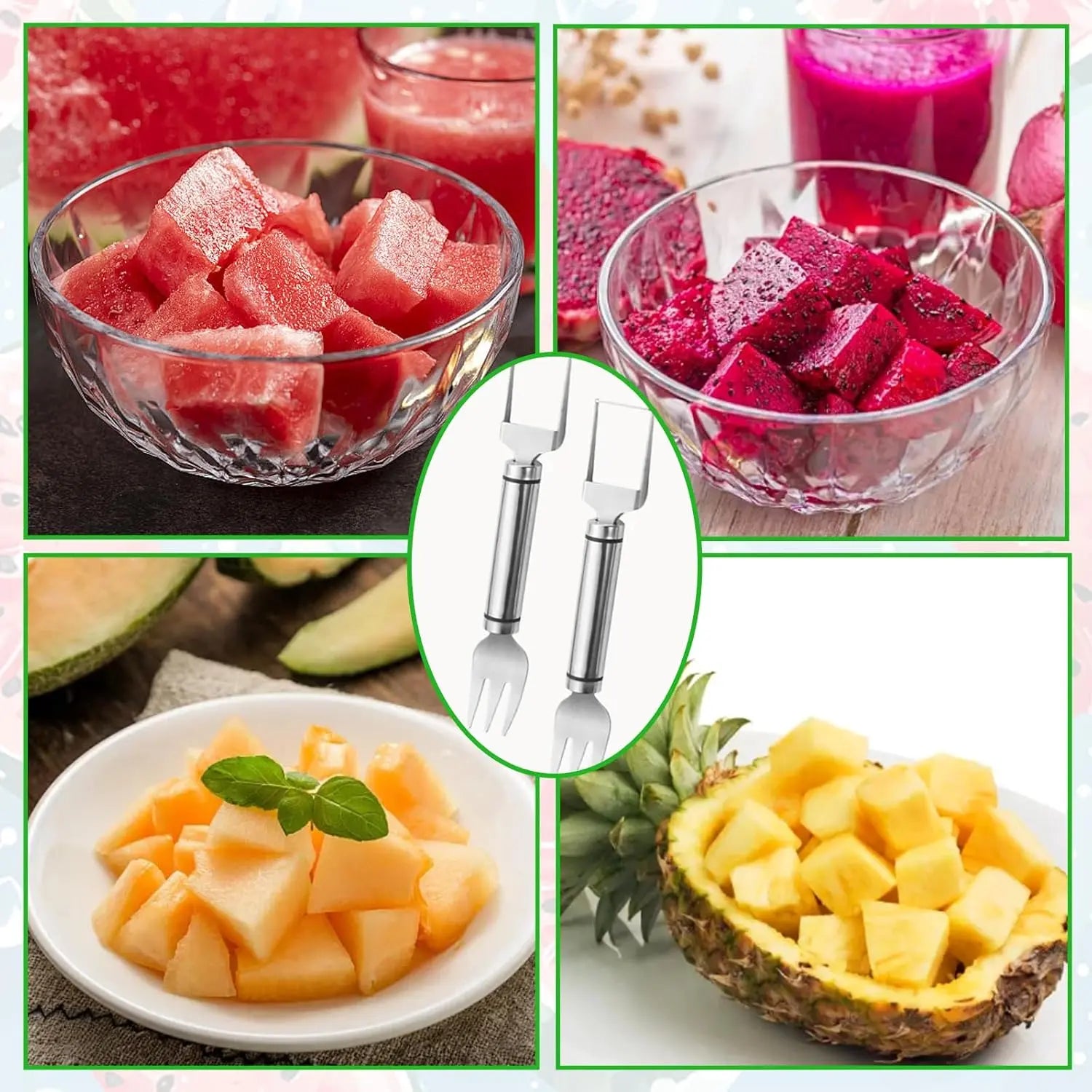 【2 Pack】Watermelon Fork Slicer,Watermelon Cubecutter Tool, 2-In-1 Stainless Steel Fruit Cutter, Dualhead Fruit Forks Slicer Knife with round Handle,Fruitcutting Kitchen Utensils,Portable Modern #Summervibes