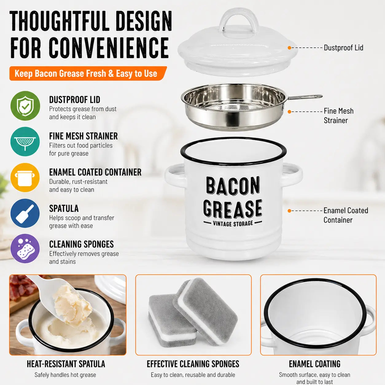 Rustic Farmhouse Enamel Bacon Grease Container - Large Enamel Grease Saver Strainer for Efficient Kitchen Use with Fine Mesh Strainer and Food-Grade Silicone Spatula, 46Oz Retro Farmhouse Style Large Enamel Oil Keeper, Dishwasher Safe Kitchen Utensil Tikt