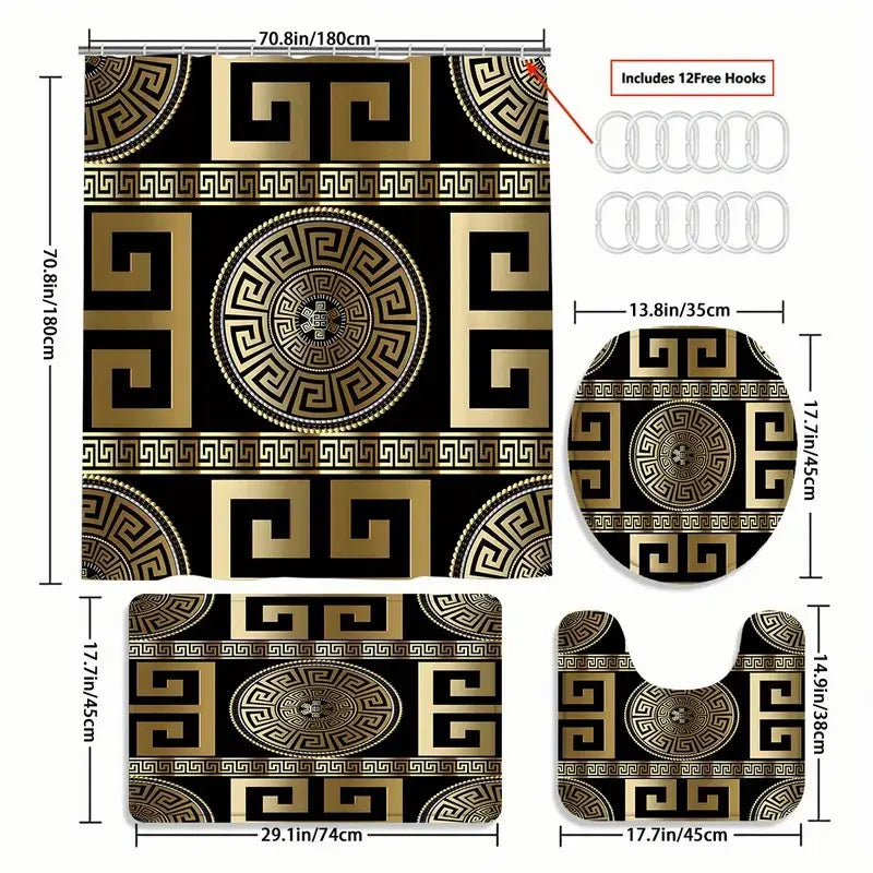 Black and Gold Geometric Pattern Bathroom Accessory Set with Shower Curtain, Non-Slip Mat, U-Shaped Rug, Toilet Seat Cover, and 12 Hooks for Modern Decor