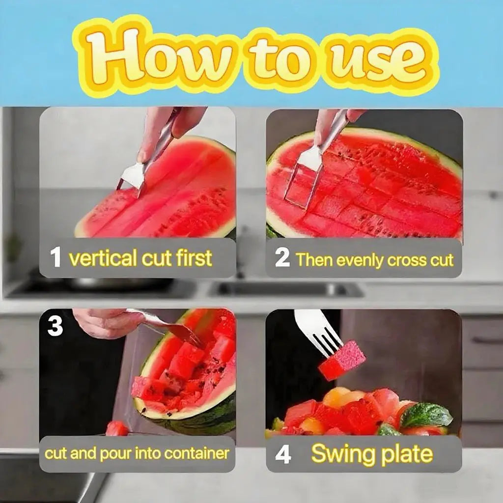 【2 Pack】Watermelon Fork Slicer Cutter Slicer Tool, 2-In-1 Stainless Steel Fruit Cutter, Dual Head Fruit Forks Slicer Knife with round Handle Fruit Cutting Kitchen Utensils
