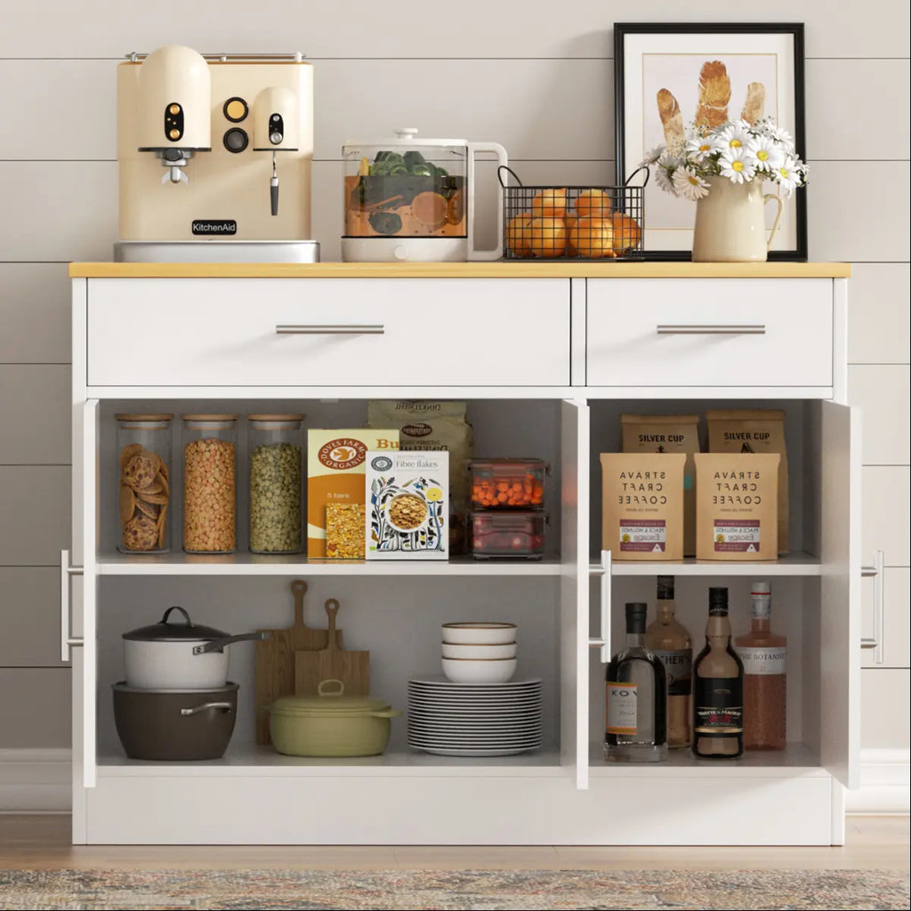 Walsunny Farmhouse Sideboard Buffet Cabinet with Storage with 3 Doors & 2 Drawers, Barn Doors Entryway Buffet Cabinet with Storage, Adjustable Metal Kitchen Cabinet,White