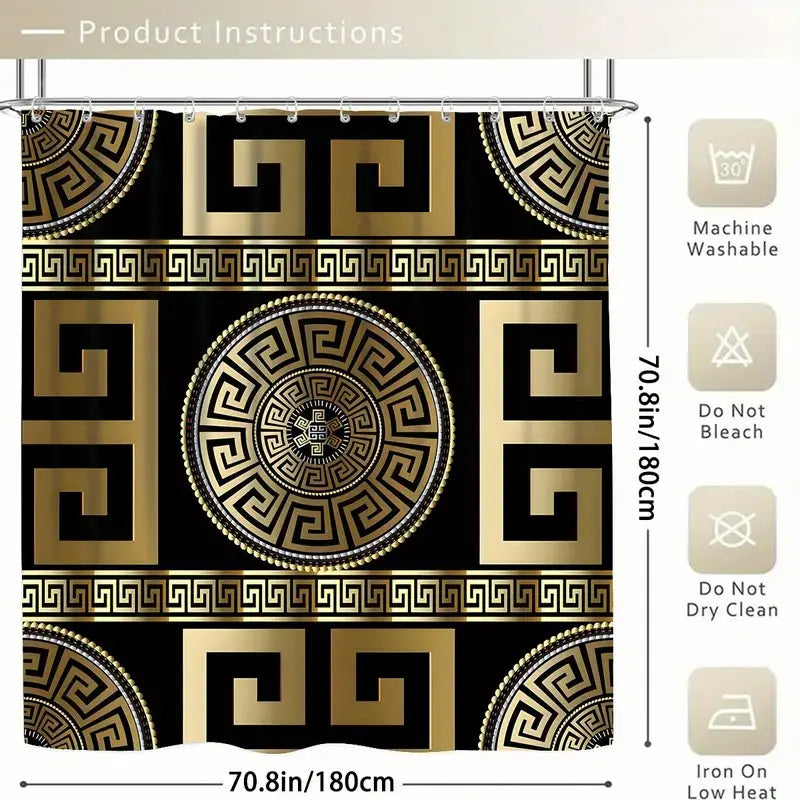 Black and Gold Geometric Pattern Bathroom Accessory Set with Shower Curtain, Non-Slip Mat, U-Shaped Rug, Toilet Seat Cover, and 12 Hooks for Modern Decor