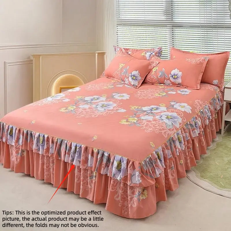 Floral Print Ruffled Edge Bed Skirt Set, 3-Count Set Including 1 Bed Skirt and 2 Pillowcases without Filler, Comfortable Bedding Set for Home Bedroom