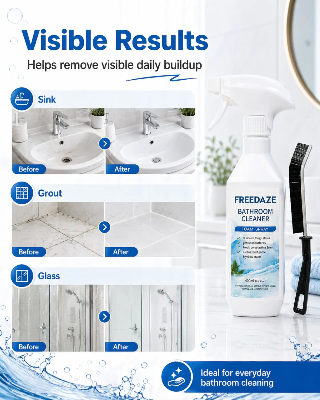 FREEDAZE Hard Water Stain Remover & Soap Scum Cleaner for Shower Glass, Bathtub & Tile - Bathroom Cleaning Spray with Brush | Heavy Duty Grout Cleaner