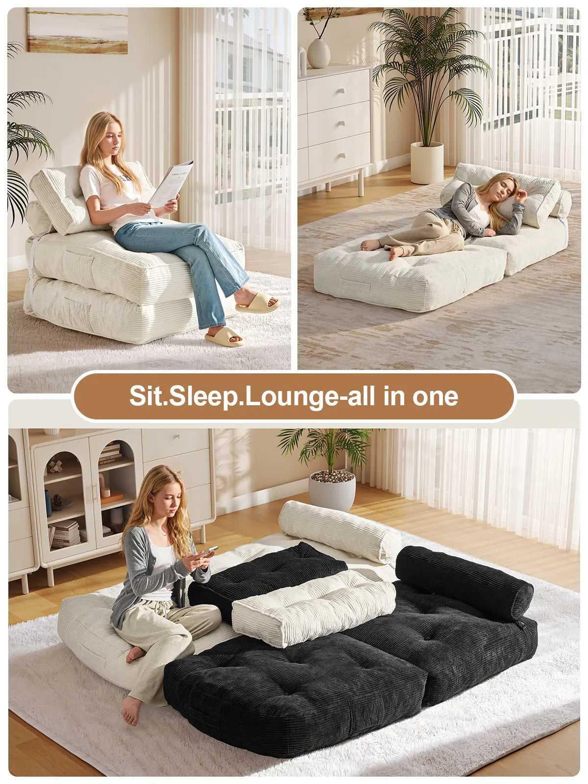 【Dealsforyoudays】Onbrill Folding Sofa Bed with Pillow, Convertible Sleeper Chair with Back Support, Corduroy Portable Fold Out Chair Bed, Comfy Floor Sofa Lounge for Living Room, Single