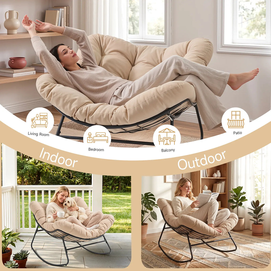 Papasan Rocking Chair Indoor, Oversized Rocking Chair with Thickened Cushion, 450 Lbs Large Comfy Egg Chair Indoor,Cozy Lounge Reading Glider Chair for Bedroom, Blue
