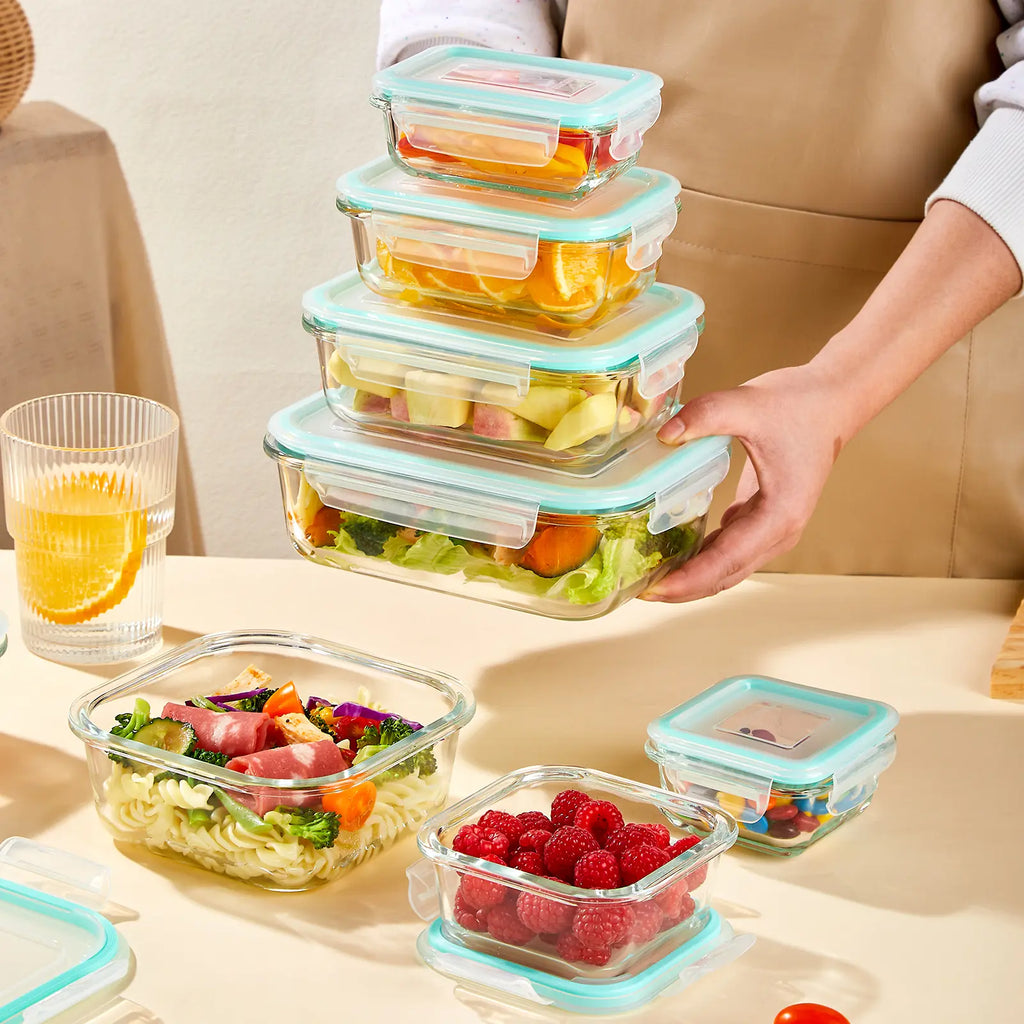 Premium 8 Pack Glass Food Storage Containers with Airtight Lids, Borosilicate Glass Meal Prep Containers, Lunch Office Meal for Microwave, Oven, Freezer and Dishwasher, BPA Free