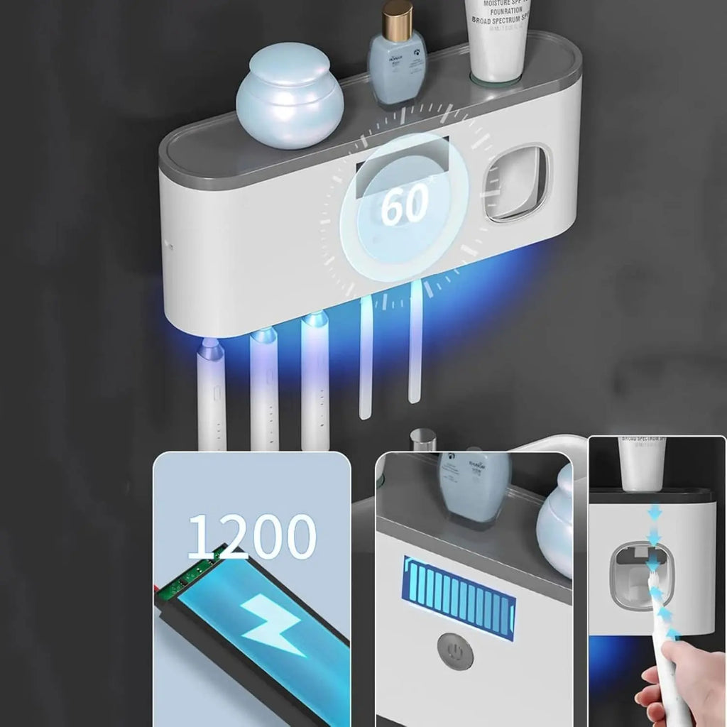 Wall-Mounted Toothbrush Holder for Bathroom - Adhesive-Backed No-Drilling Design, Multi-Slot Bathroom Organizer for Toothbrushes & Toothpaste, Solar-Charged Storage Stand, Apartment Accessories