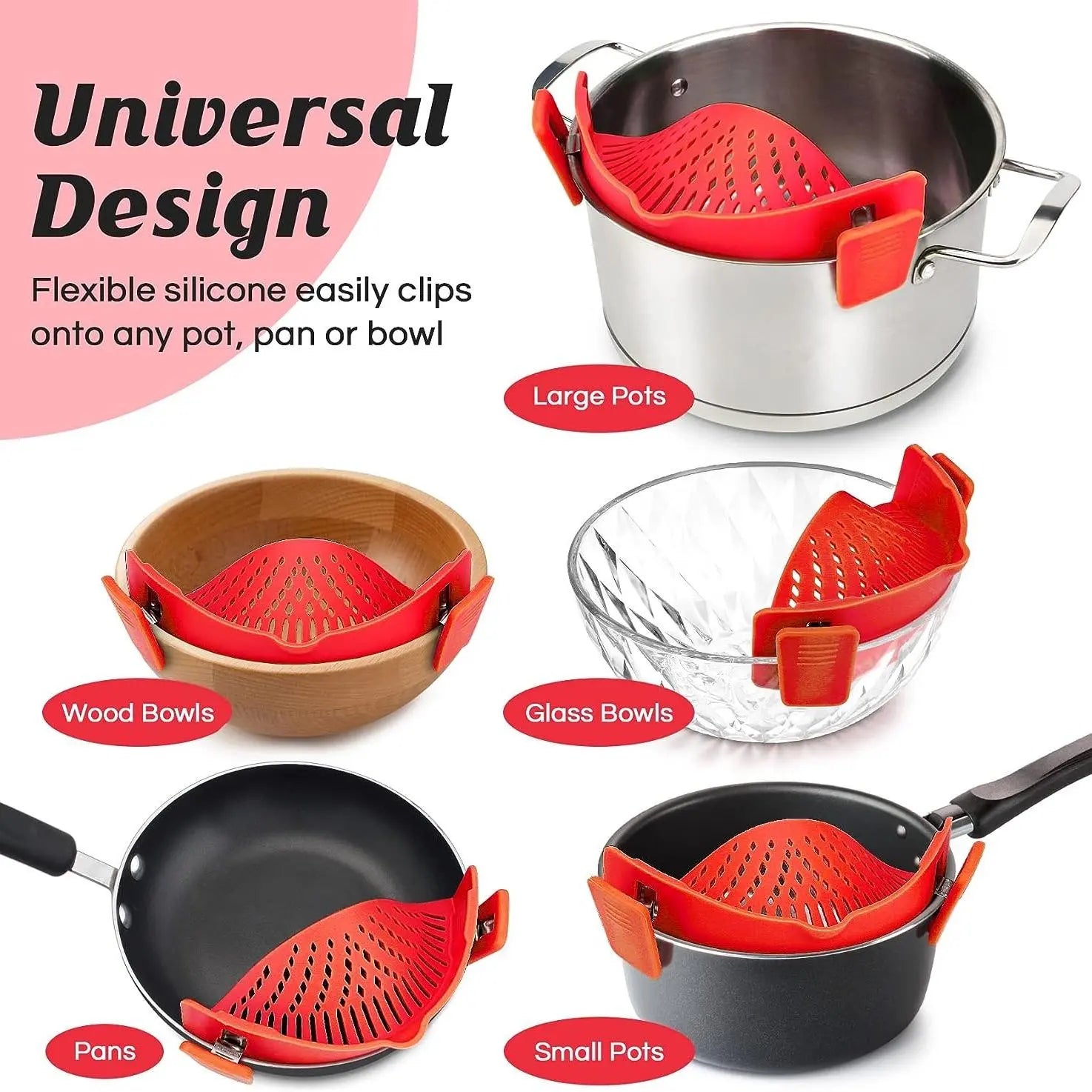1 Piece Silicone Pot Filter Pasta Strainer with Adjustable Clips, Fruit Vegetable Food Strainer Kitchen Drain Sifter