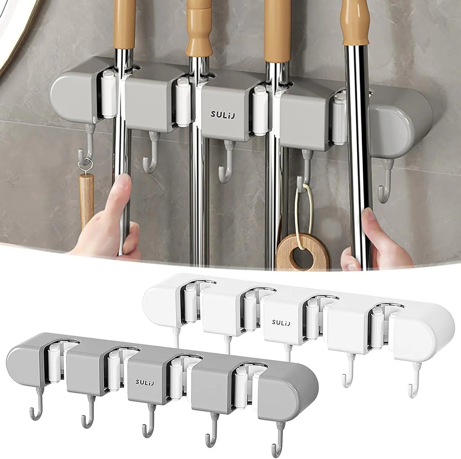 Multifunctional Mop Holder with Hook, Broom Mop Holder with 4 Racks 5 Hooks, Heavy Duty Mop Holder, Self Adhesive Mop Holder Wall Mounted, Broom Holder Wall Mount for Kitchen, Bathroom, Closet