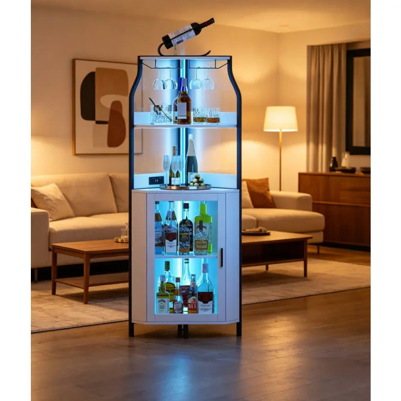 Corner Wine Cabinet with Removable Wine Rack, Industrial Wine Cabinet with Glass Holder and Mesh Door, Liquor Coffee Bar Cabinet with Adjustable Shelves