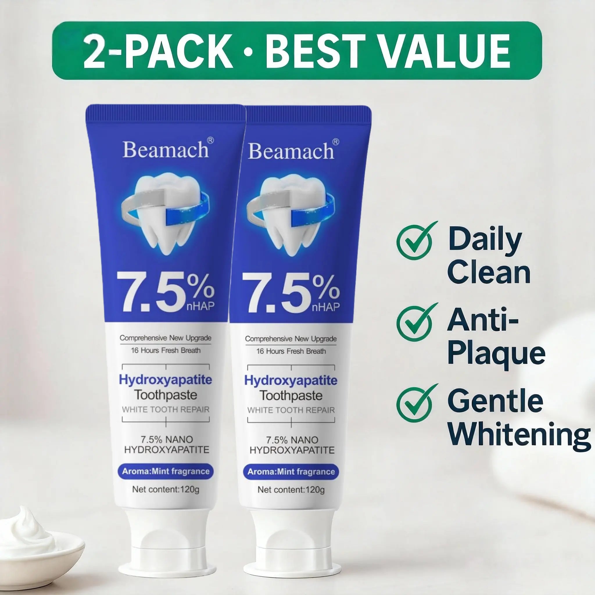 Beamach Hydroxyapatite Toothpaste 7.5% - Enamel Repair & Natural Whitening, Mint Flavor, Fluoride-Free, Gentle for Sensitive Teeth, 4.23Oz Oral Hygiene Essentials