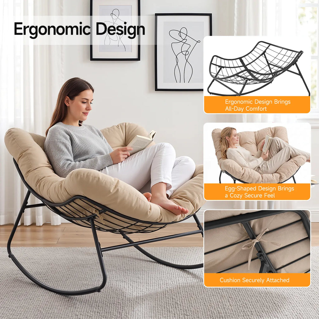 Papasan Rocking Chair Indoor, Oversized Rocking Chair with Thickened Cushion, 450 Lbs Large Comfy Egg Chair Indoor,Cozy Lounge Reading Glider Chair for Bedroom, Blue