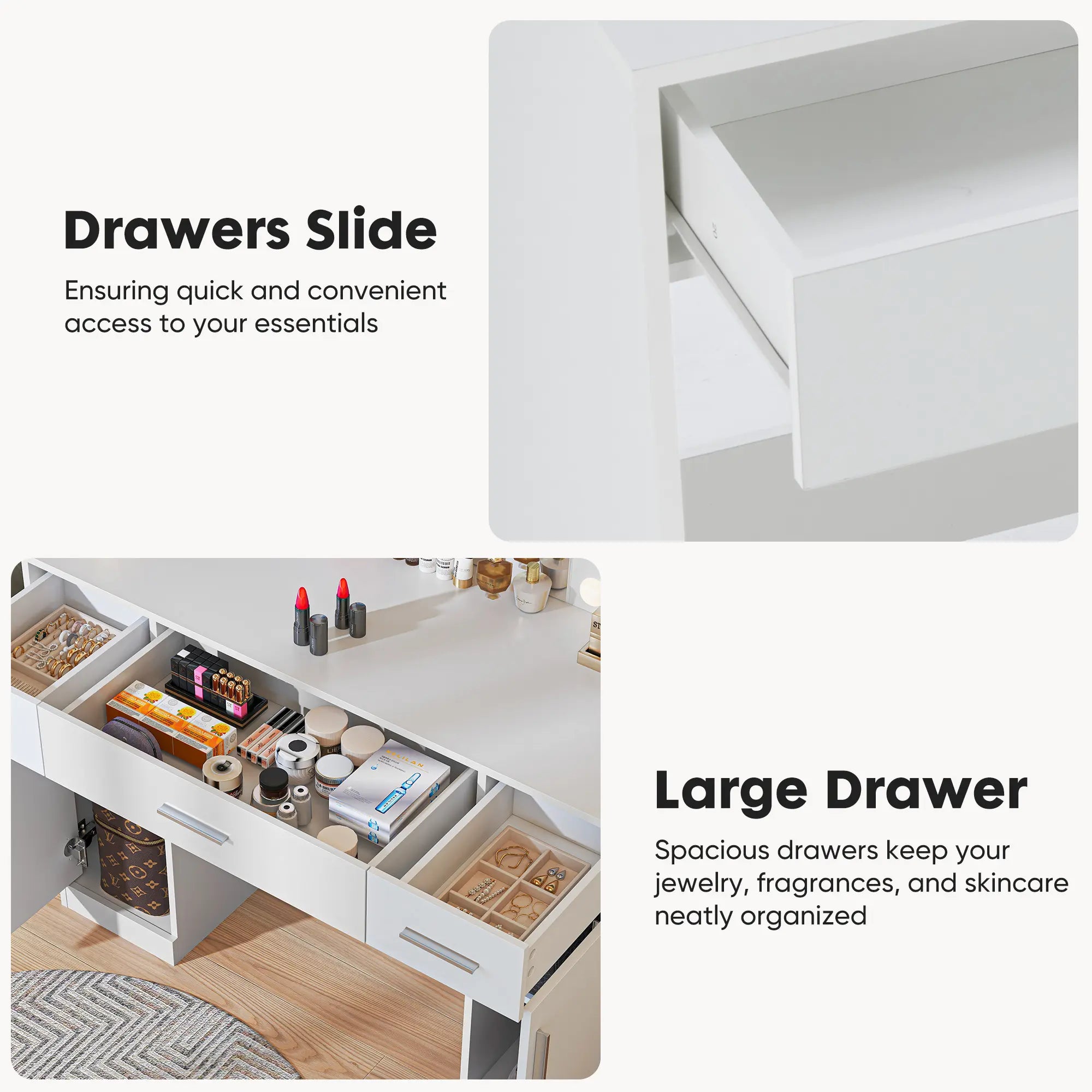 Vanity Table Set - Dresser with Lighted Mirror, Power Outlet, Drawers and Shelves, Cabinet & Hair Dryer Holder for Bedroom Girls