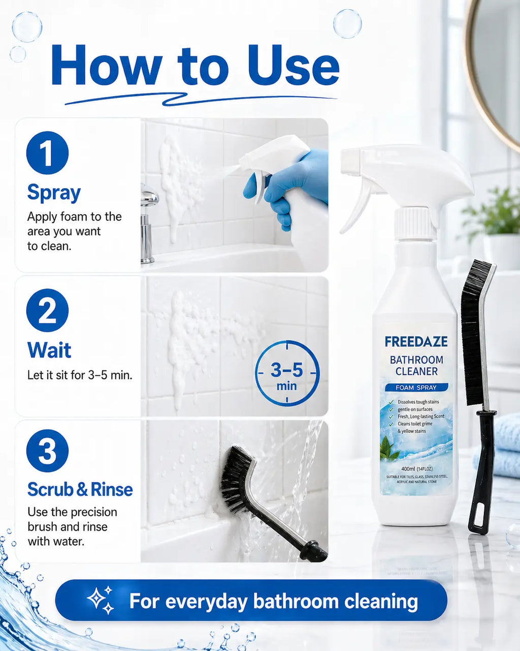 FREEDAZE Hard Water Stain Remover & Soap Scum Cleaner for Shower Glass, Bathtub & Tile - Bathroom Cleaning Spray with Brush | Heavy Duty Grout Cleaner