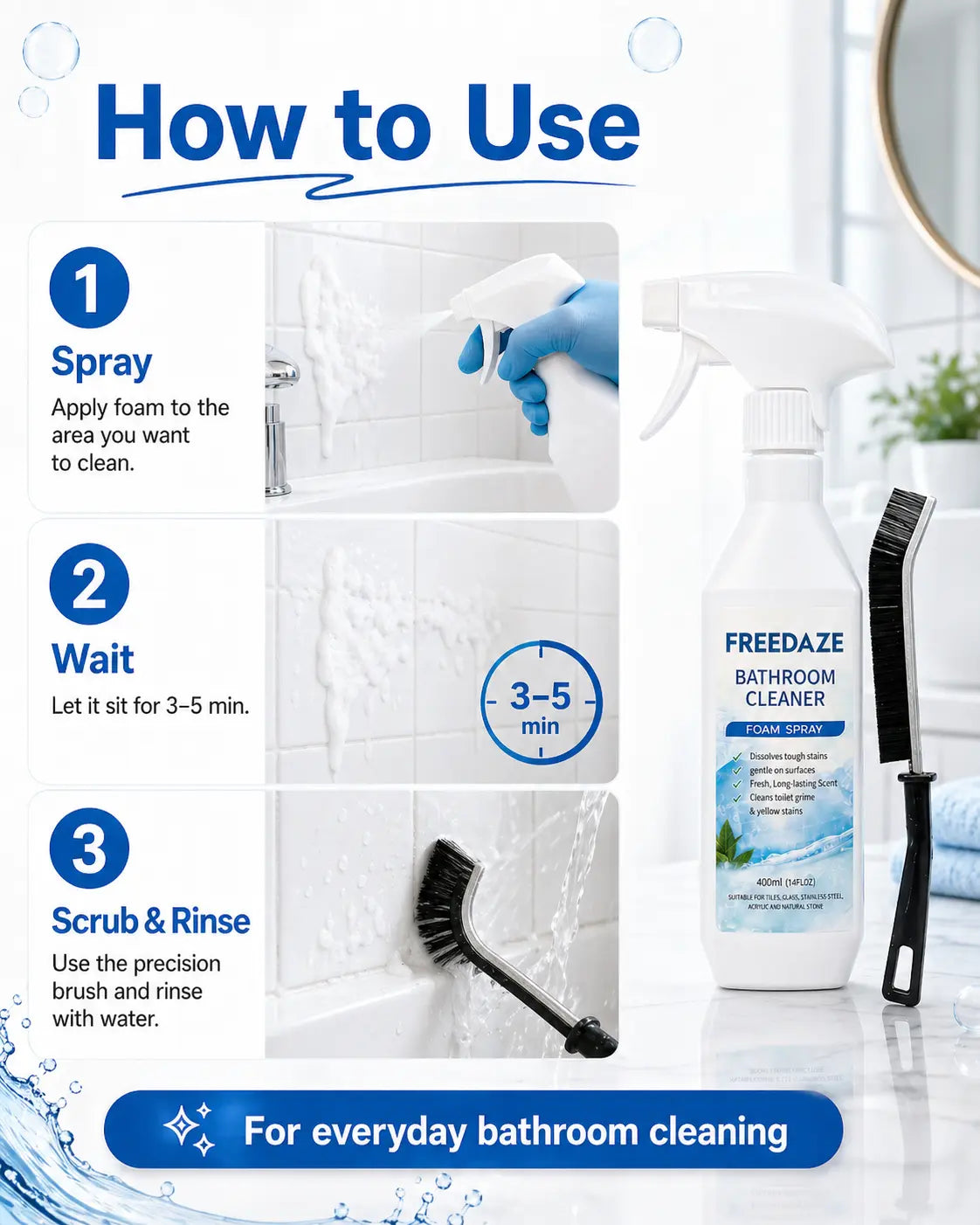 FREEDAZE Hard Water Stain Remover & Soap Scum Cleaner for Shower Glass, Bathtub & Tile - Bathroom Cleaning Spray with Brush | Heavy Duty Grout Cleaner