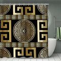 Black and Gold Geometric Pattern Bathroom Accessory Set with Shower Curtain, Non-Slip Mat, U-Shaped Rug, Toilet Seat Cover, and 12 Hooks for Modern Decor