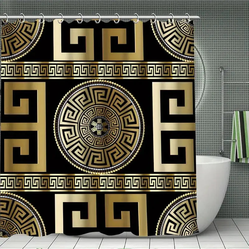 Black and Gold Geometric Pattern Bathroom Accessory Set with Shower Curtain, Non-Slip Mat, U-Shaped Rug, Toilet Seat Cover, and 12 Hooks for Modern Decor