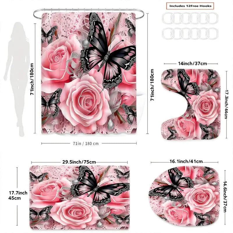 Creative Romantic Floral Insect Style Rose Flower Shower Curtain Set, 180X180Cm, Includes Hooks and Mat, Home Bathroom Decor Gift, Bathroom Accessory