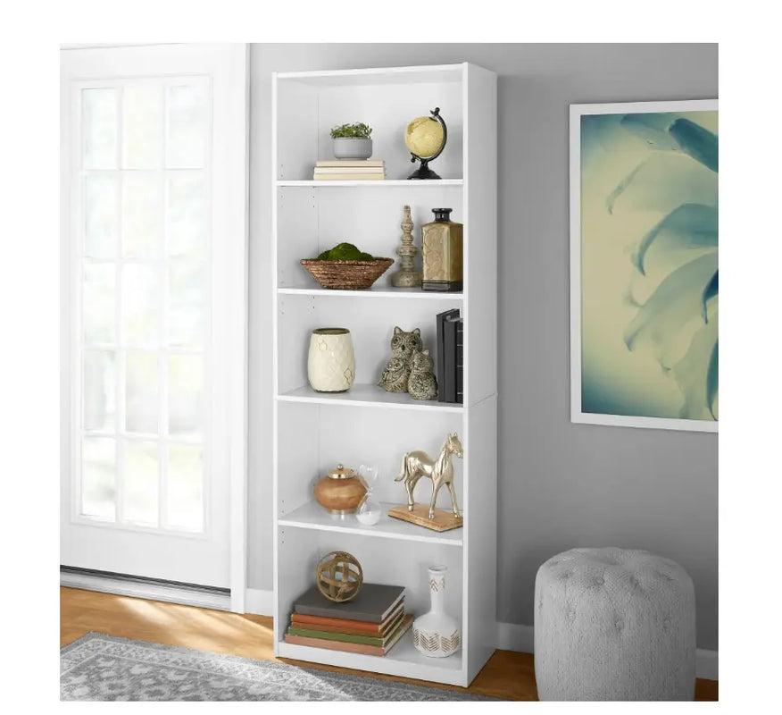 5-Shelf Wood Bookcase with Adjustable Shelves Sturdy Storage Cabinet for Books Décor & Office Supplies Space-Saving Vertical Bookshelf White Finish