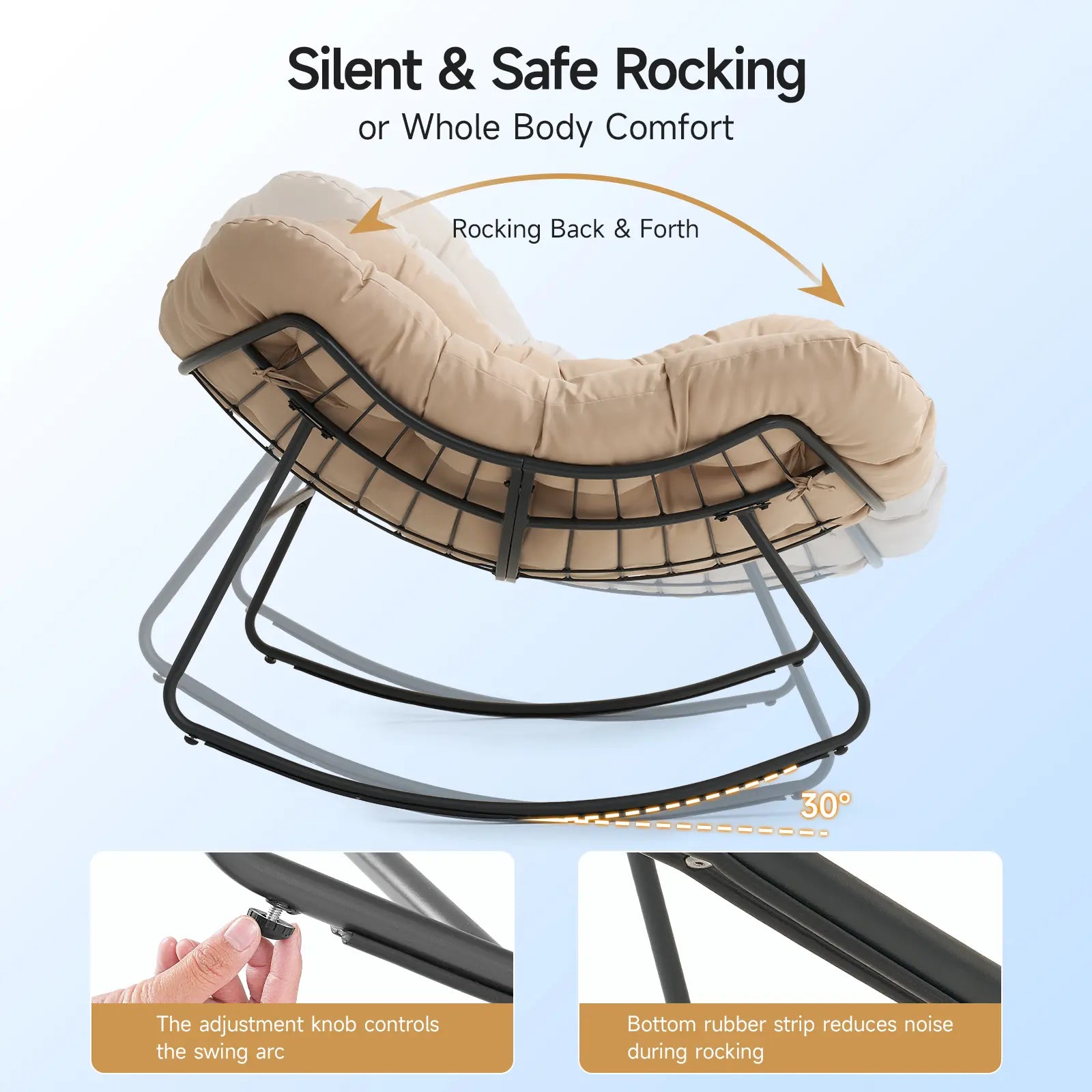 Papasan Rocking Chair Indoor, Oversized Rocking Chair with Thickened Cushion, 450 Lbs Large Comfy Egg Chair Indoor,Cozy Lounge Reading Glider Chair for Bedroom, Blue