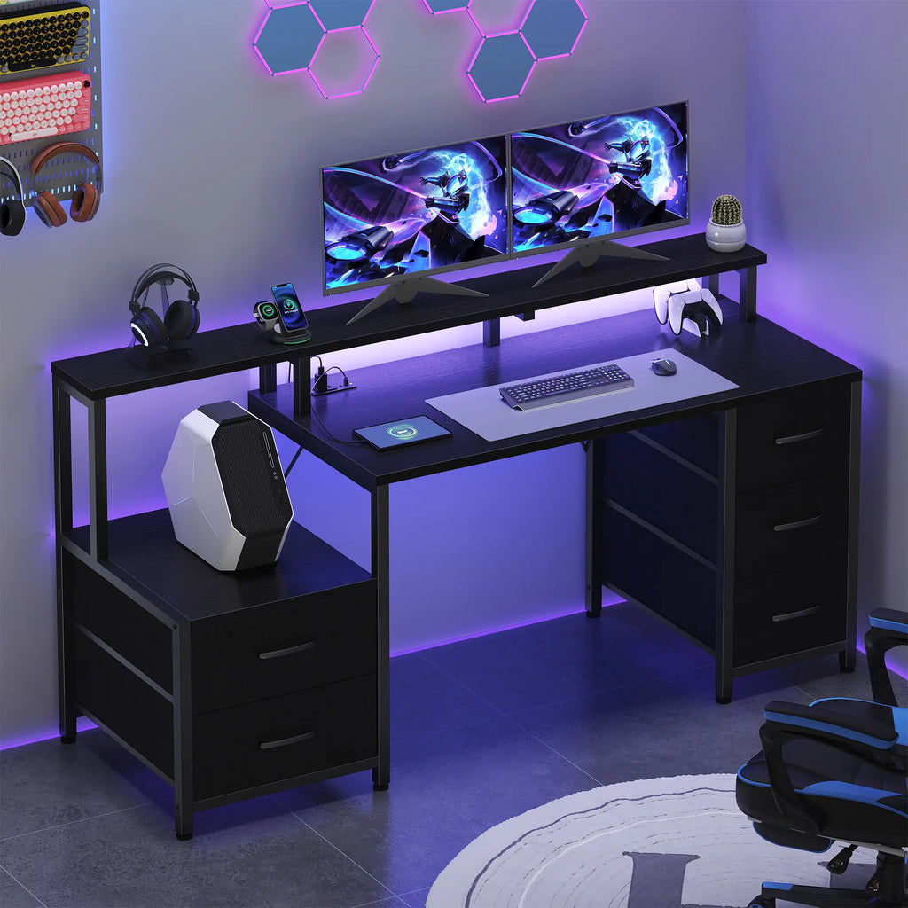 67'' Computer Desk with 4 Drawer, Printer Cabinet and Power Outlet