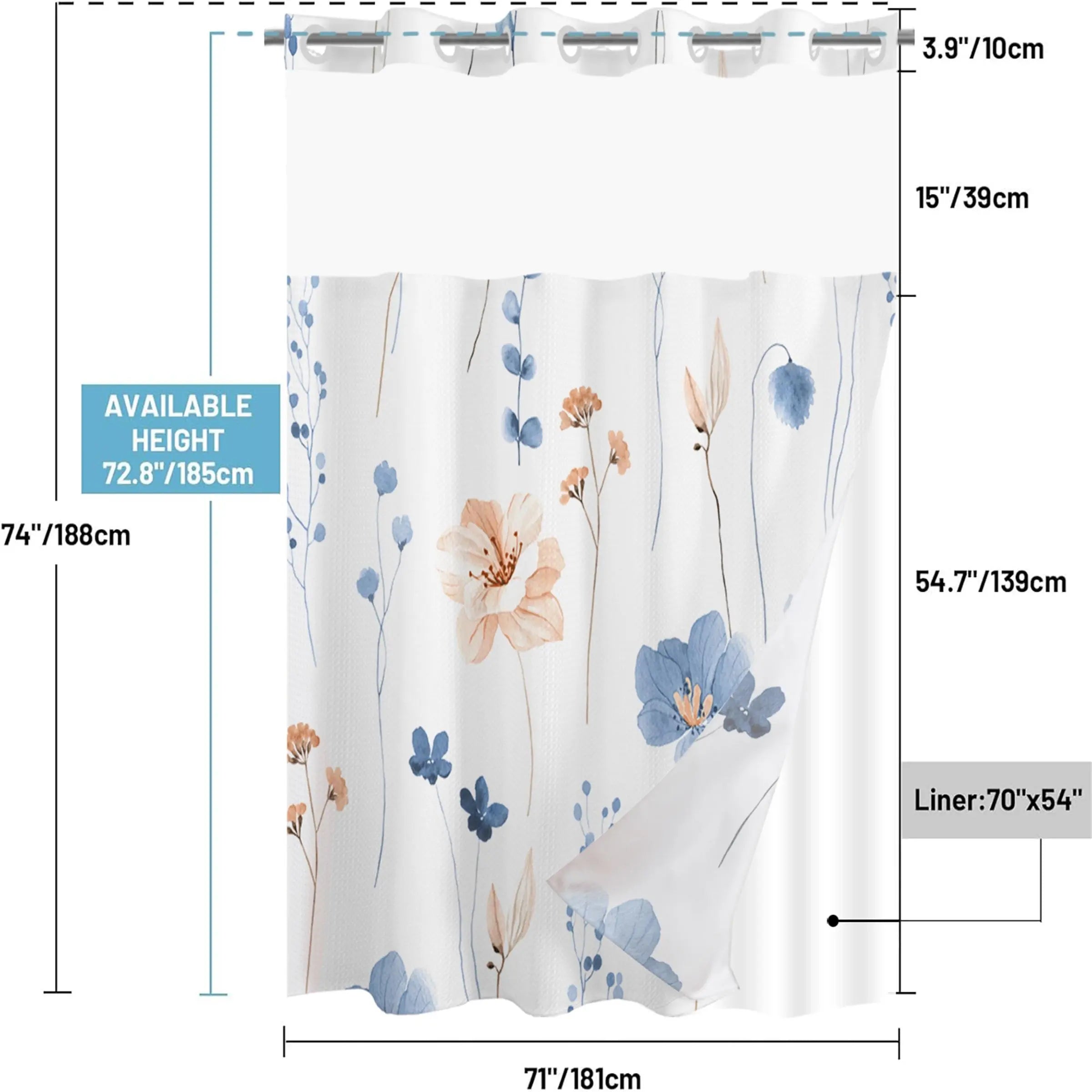 Floral Pattern Shower Curtain, 1 Count Waterproof Pastel Bathroom Curtain with Snap in Liner, Bathroom Decor Supplies for Home Hotel Salon Dormitory