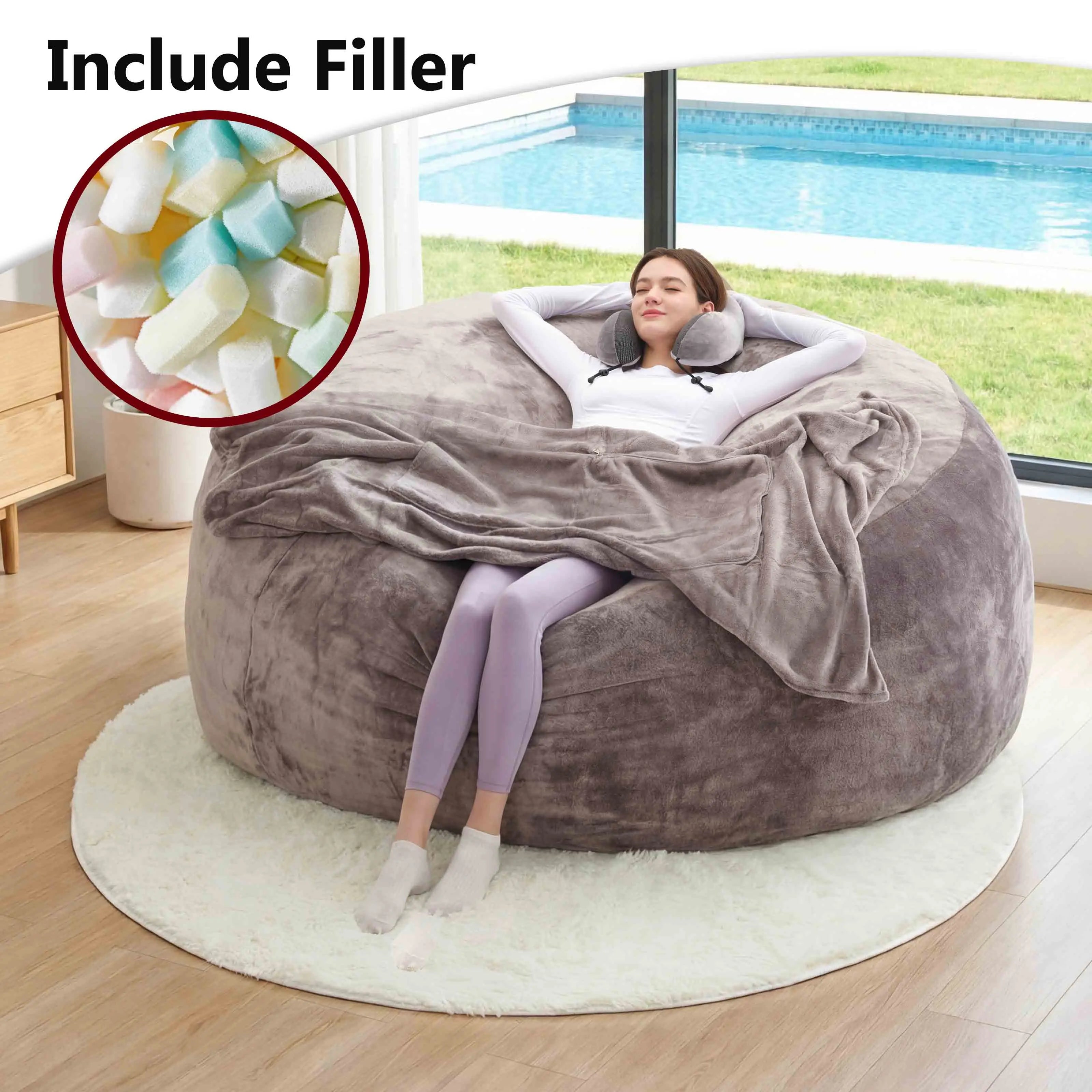 [Memorial Day] 3FT/4FT/7FT No Gift, 5Ft/Jumbo with 3 Gifts Bean Bag (With Filler) Lazy Sofa Beanbag Chairs for Adults Ship Free High-Rebound Memory Foam Filling Furniture Flannel Cover Removable Modern Upholstered Sofa