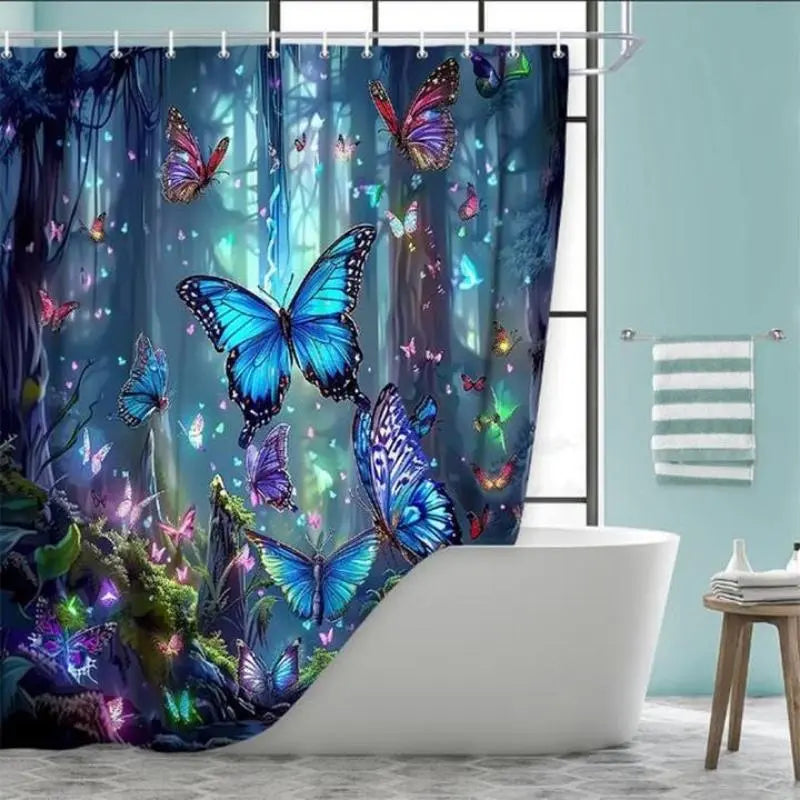 Butterfly Pattern Shower Curtain, 1 Count Waterproof Bathroom Curtain with 12Pcs Hooks, Bathroom Decor Supplies for Home Hotel Salon, Bathroom Decoration Accessories, Bathroom Accessory