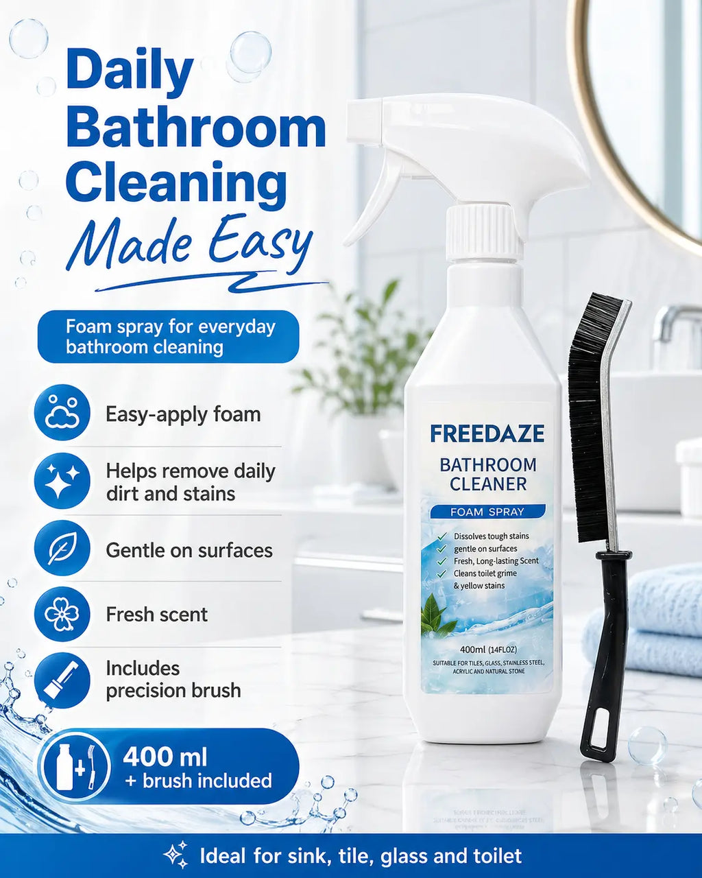 FREEDAZE Hard Water Stain Remover & Soap Scum Cleaner for Shower Glass, Bathtub & Tile - Bathroom Cleaning Spray with Brush | Heavy Duty Grout Cleaner